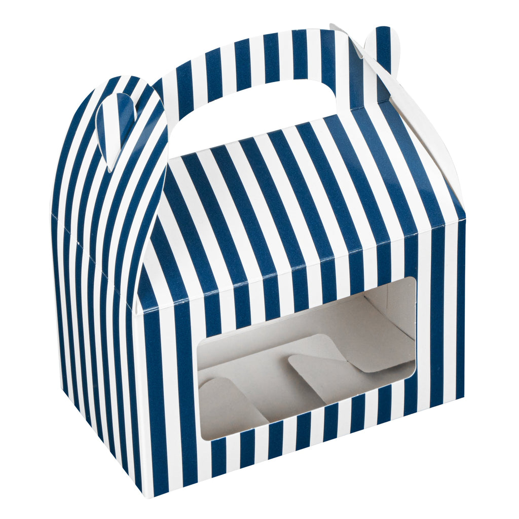 Bio Tek Blue & White Stripe Paper Gable Box / Take Out Container - with Window - 6" x 3 1/2" x 3 1/2" - 100 count box