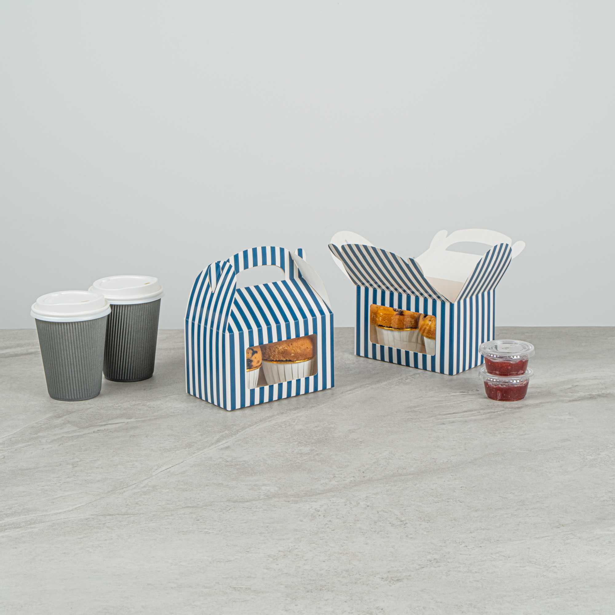 Bio Tek Blue & White Stripe Paper Gable Box / Take Out Container - with Window - 6" x 3 1/2" x 3 1/2" - 25 count box