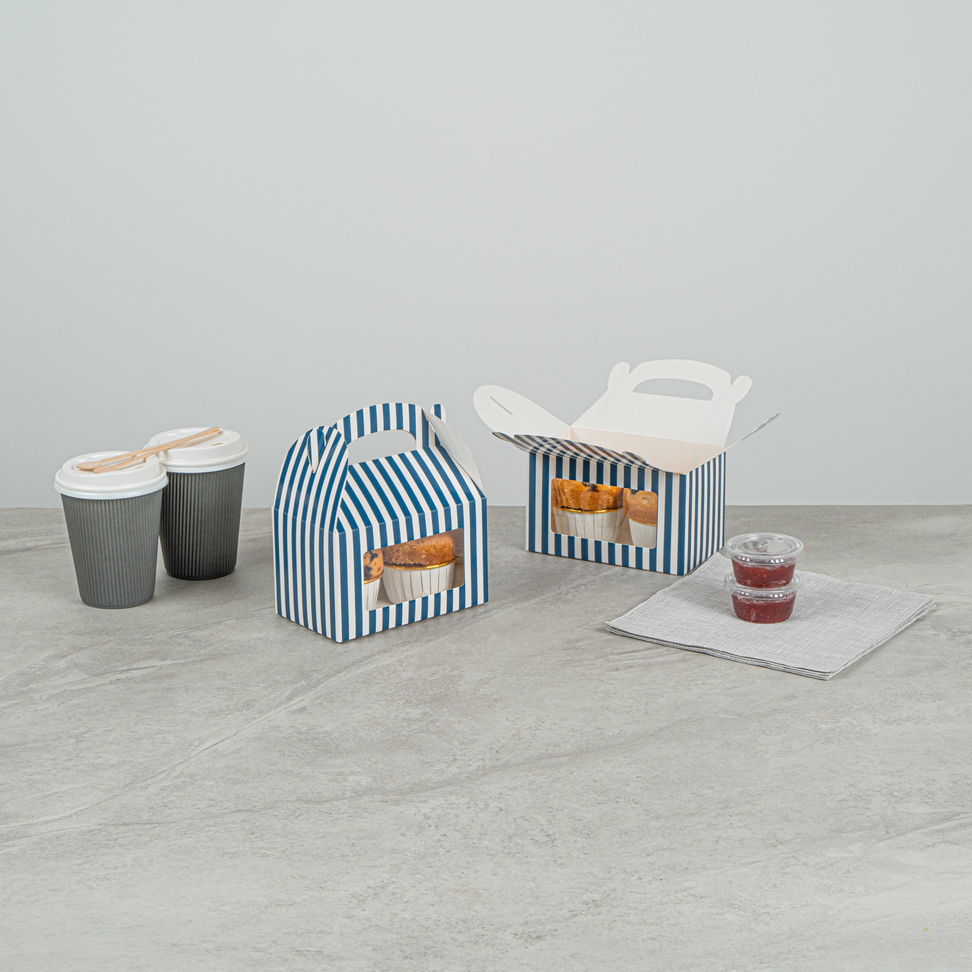 Bio Tek Blue & White Stripe Paper Gable Box / Take Out Container - with Window - 6" x 3 1/2" x 3 1/2" - 100 count box