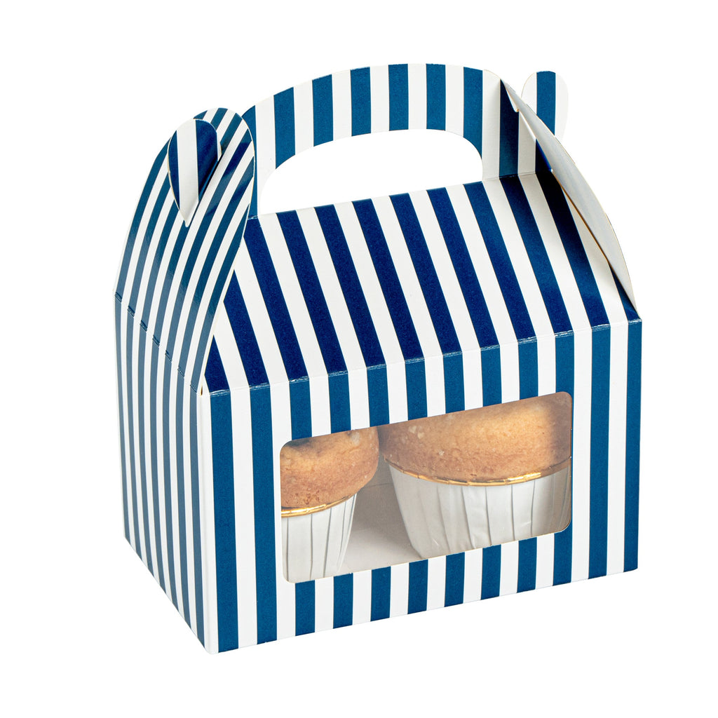 Bio Tek Blue & White Stripe Paper Gable Box / Take Out Container - with Window - 6" x 3 1/2" x 3 1/2" - 100 count box