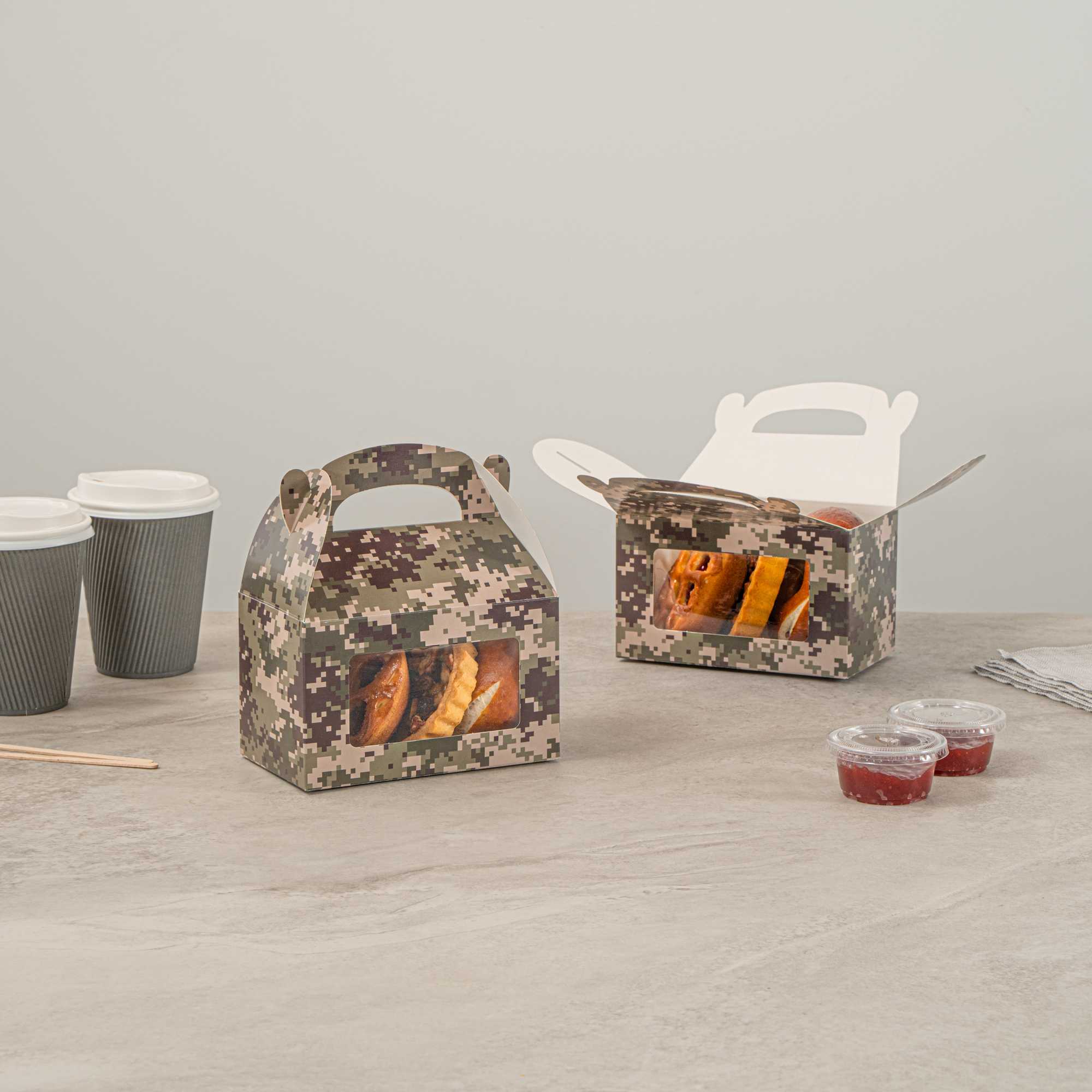 Bio Tek Camouflage Paper Gable Box / Take Out Container - with Window - 6" x 3 1/2" x 3 1/2" - 25 count box