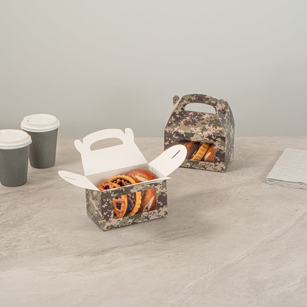 Bio Tek Camouflage Paper Gable Box / Take Out Container - with Window - 6" x 3 1/2" x 3 1/2" - 100 count box