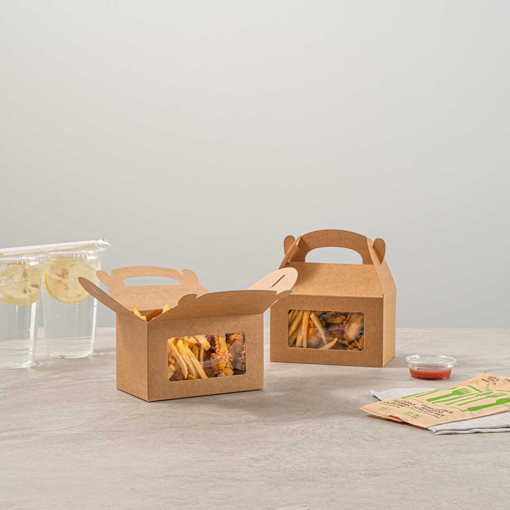 Bio Tek Kraft Paper Gable Box / Take Out Container - Greaseproof, with Window - 6" x 3 1/2" x 3 1/2" - 25 count box