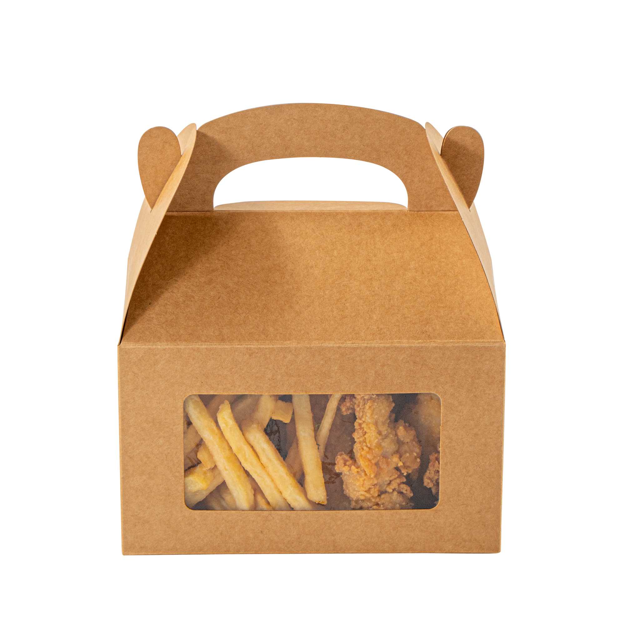Bio Tek Kraft Paper Gable Box / Take Out Container - Greaseproof, with Window - 6" x 3 1/2" x 3 1/2" - 25 count box