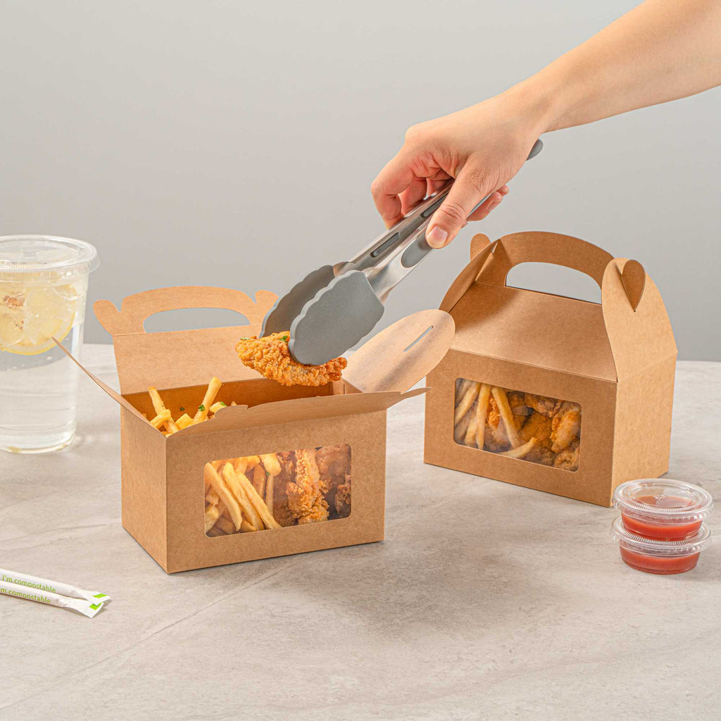 Bio Tek Kraft Paper Gable Box / Take Out Container - Greaseproof, with Window - 6" x 3 1/2" x 3 1/2" - 25 count box