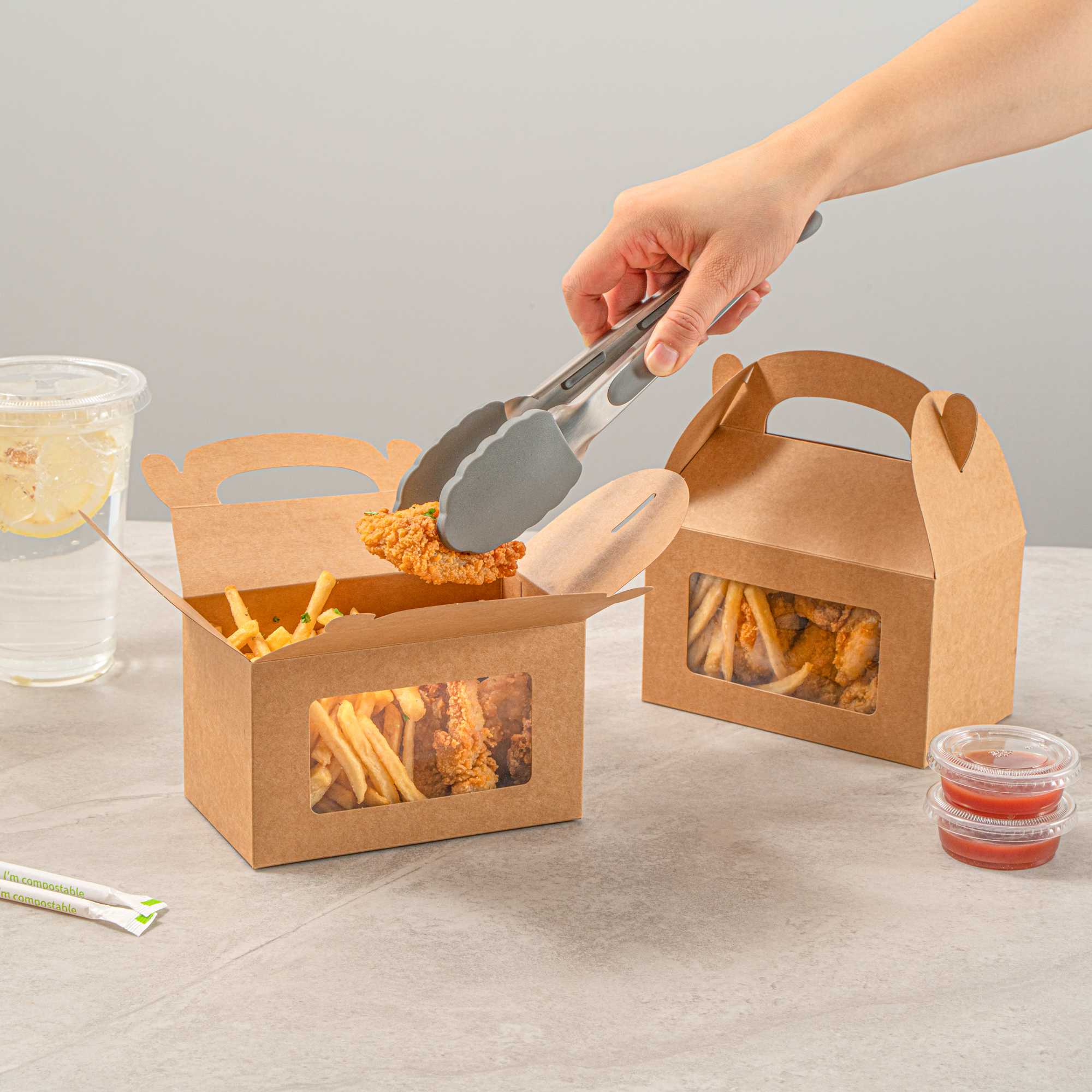 Bio Tek Kraft Paper Gable Box / Take Out Container - Greaseproof, with Window - 6" x 3 1/2" x 3 1/2" - 25 count box