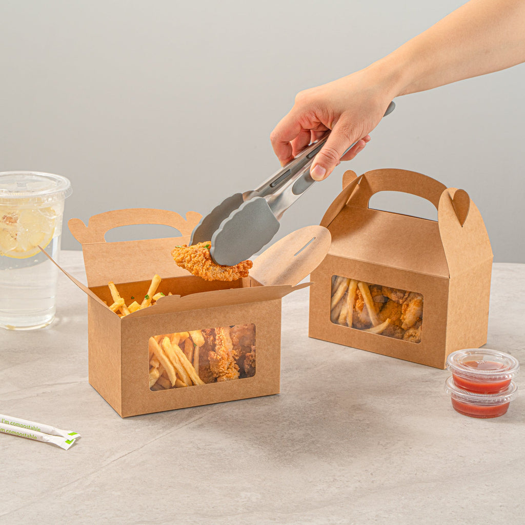 Bio Tek Kraft Paper Gable Box / Take Out Container - Greaseproof, with Window - 6" x 3 1/2" x 3 1/2" - 100 count box