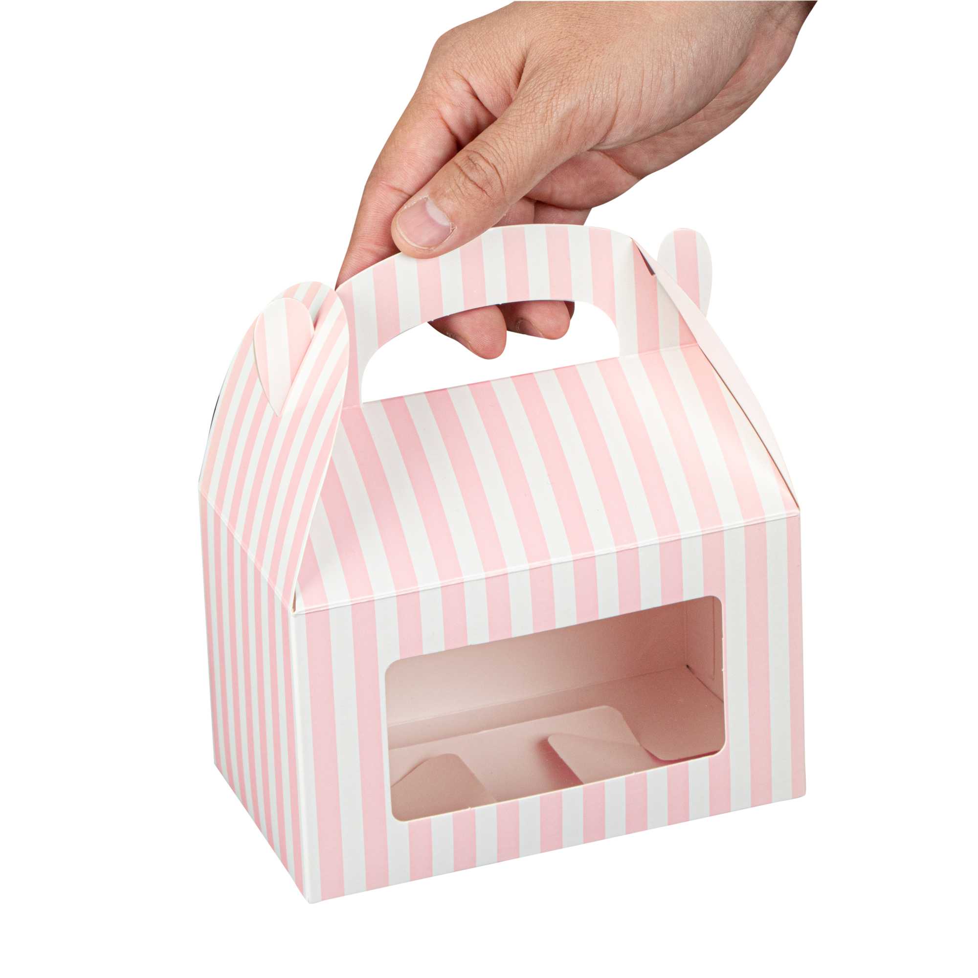 Bio Tek Pink and White Stripe Paper Gable Box / Take Out Container - with Window - 6" x 3 1/2" x 3 1/2" - 25 count box