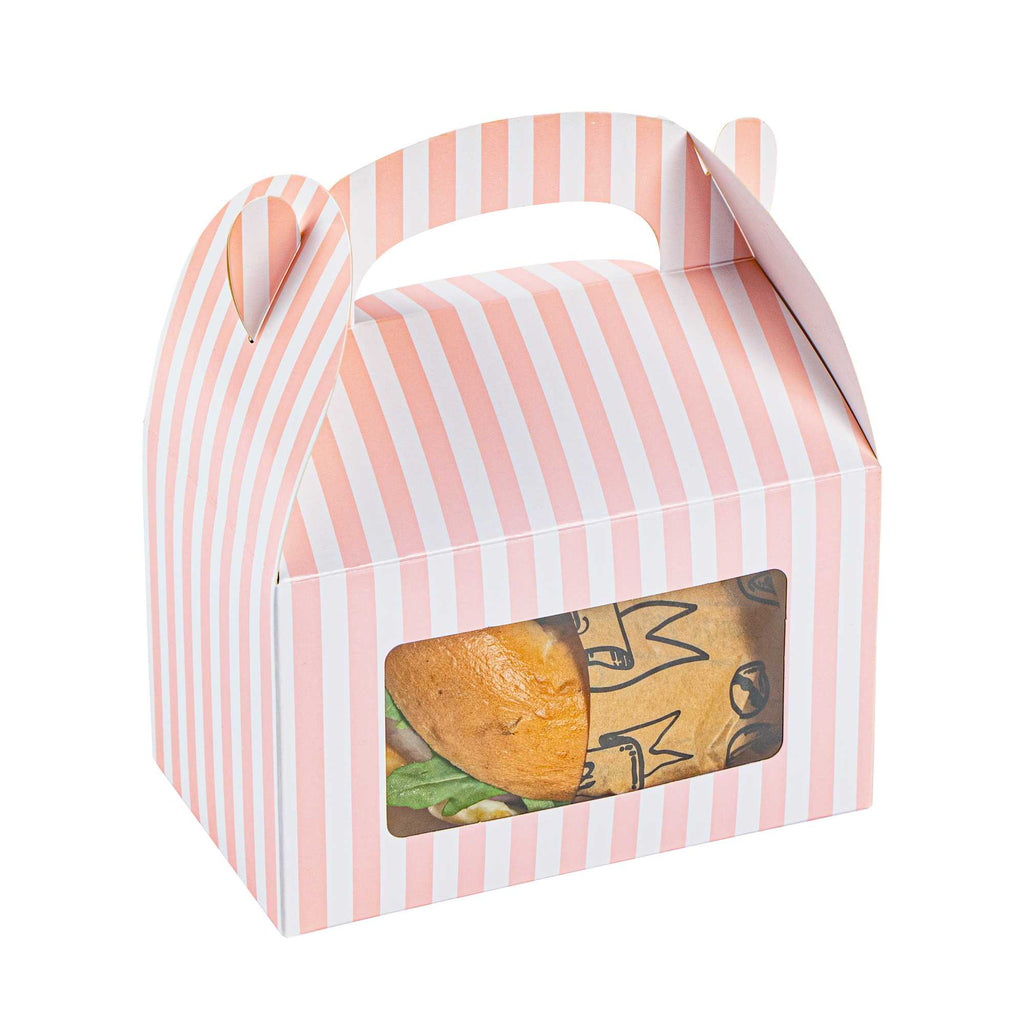 Bio Tek Pink and White Stripe Paper Gable Box / Take Out Container - with Window - 6" x 3 1/2" x 3 1/2" - 25 count box