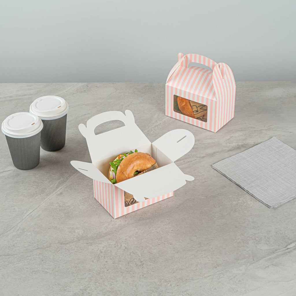 Bio Tek Pink and White Stripe Paper Gable Box / Take Out Container - with Window - 6" x 3 1/2" x 3 1/2" - 25 count box