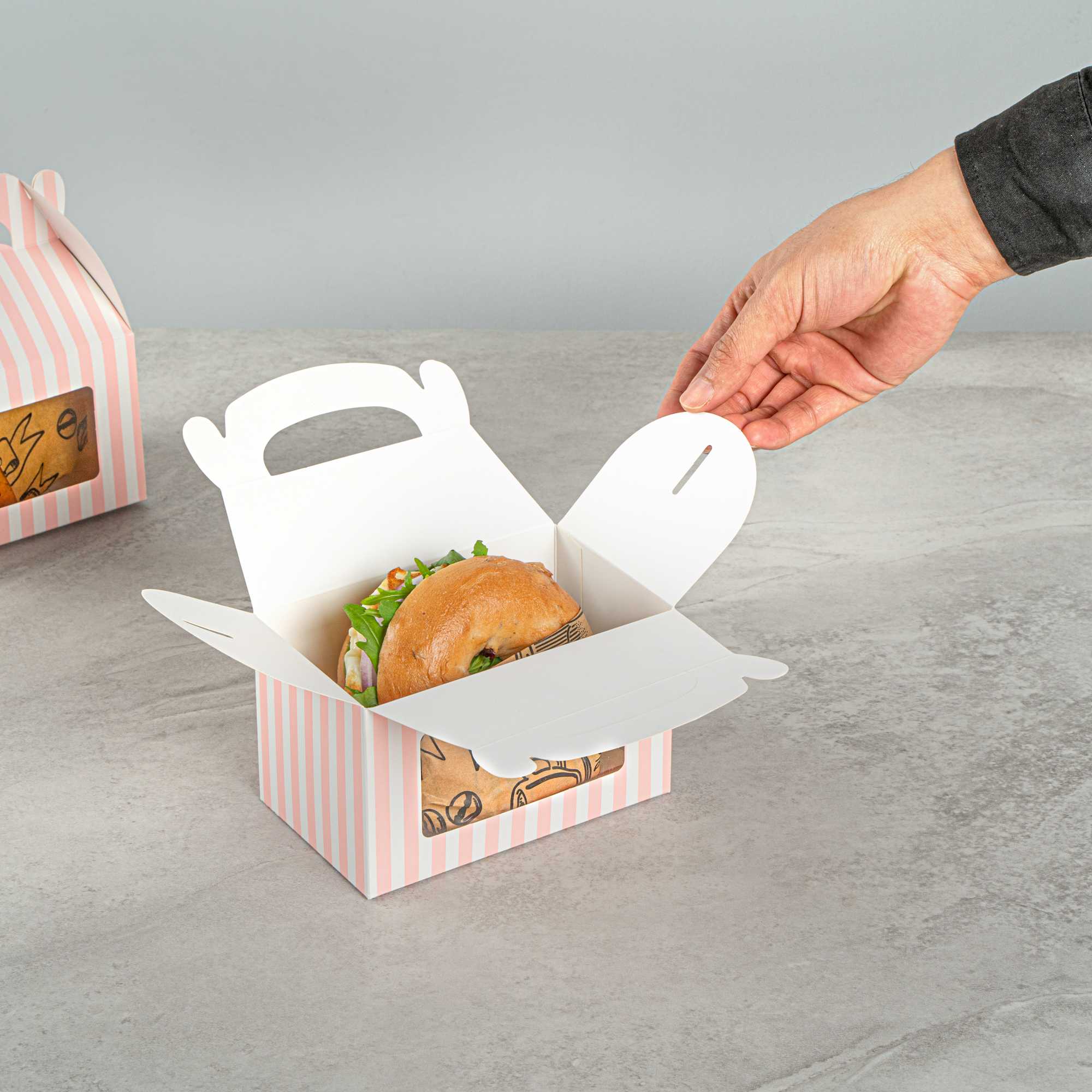 Bio Tek Pink and White Stripe Paper Gable Box / Take Out Container - with Window - 6" x 3 1/2" x 3 1/2" - 25 count box
