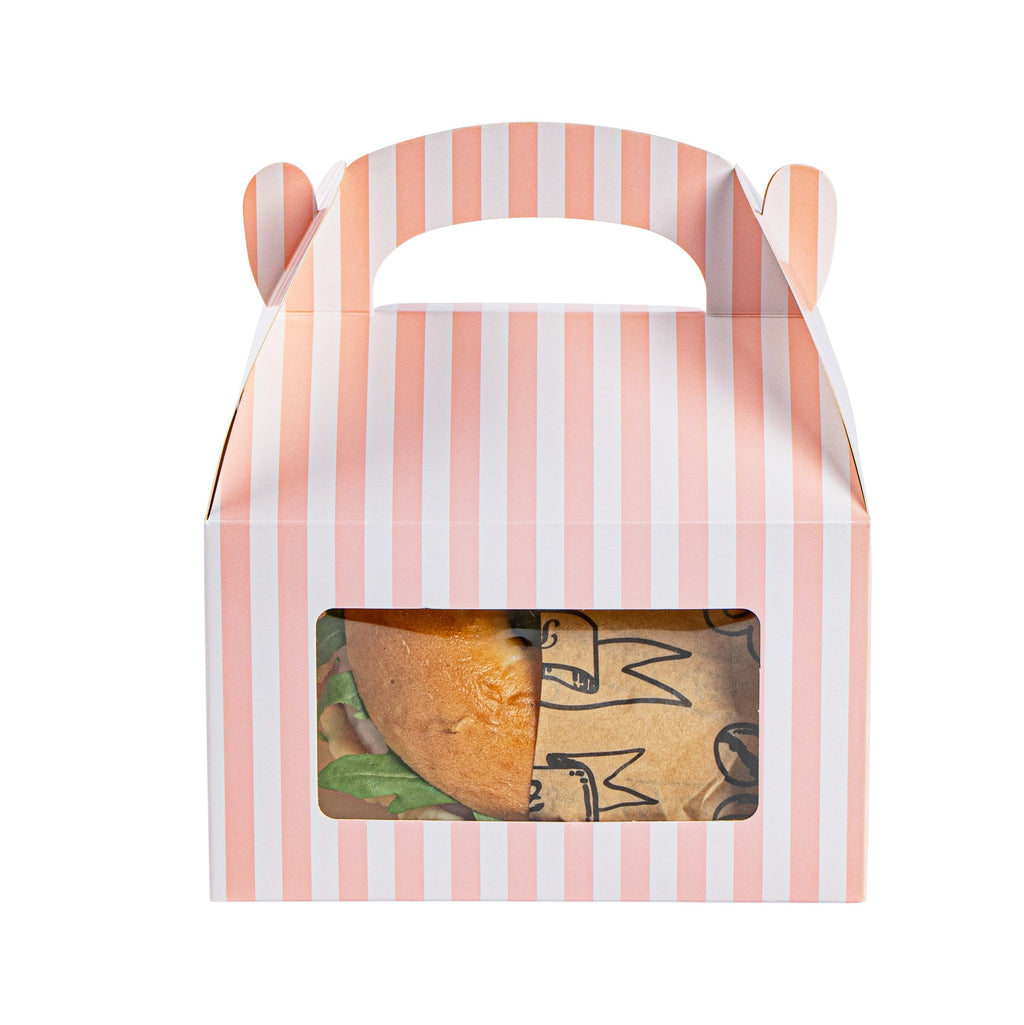 Bio Tek Pink and White Stripe Paper Gable Box / Take Out Container - with Window - 6" x 3 1/2" x 3 1/2" - 100 count box
