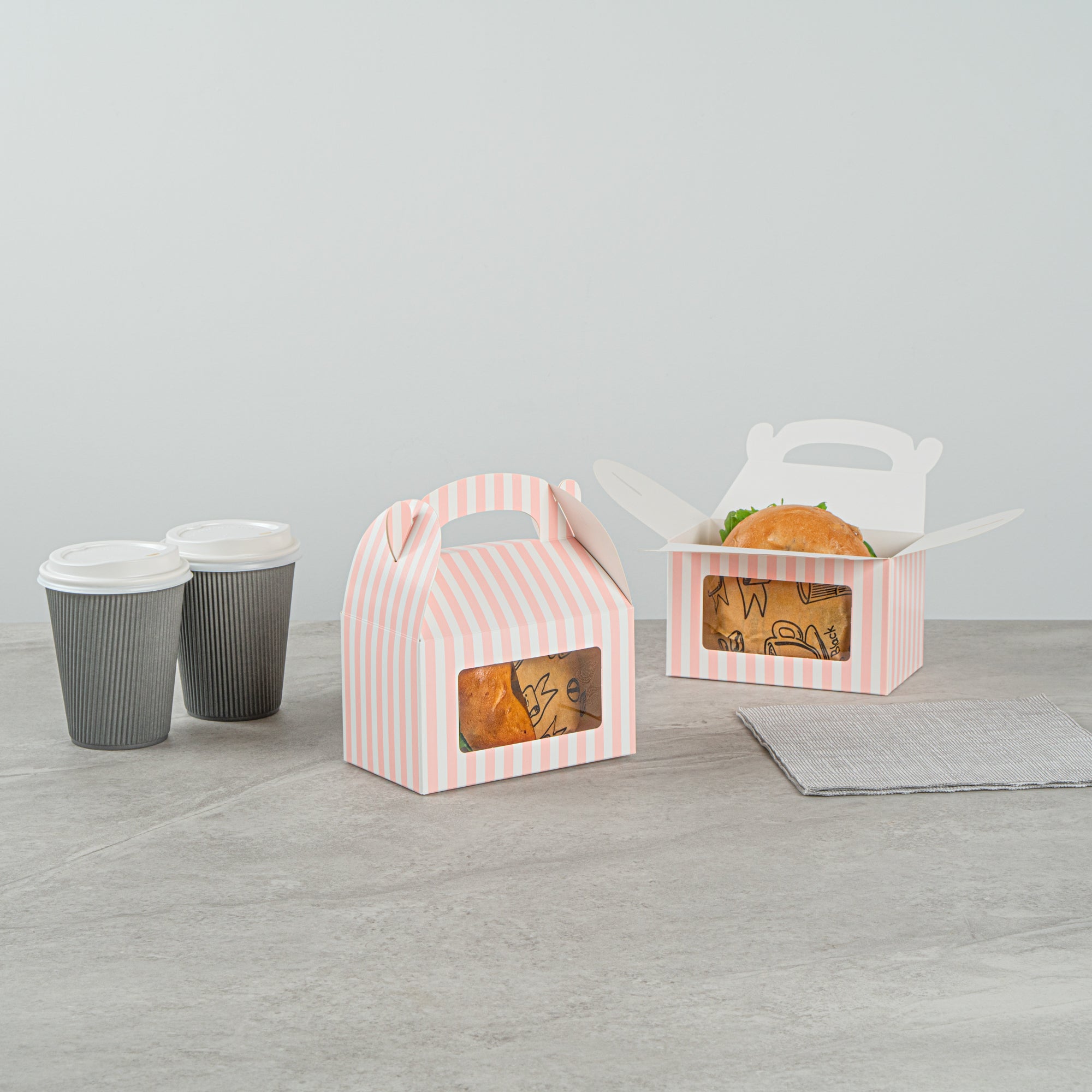 Bio Tek Pink and White Stripe Paper Gable Box / Take Out Container - with Window - 6" x 3 1/2" x 3 1/2" - 100 count box