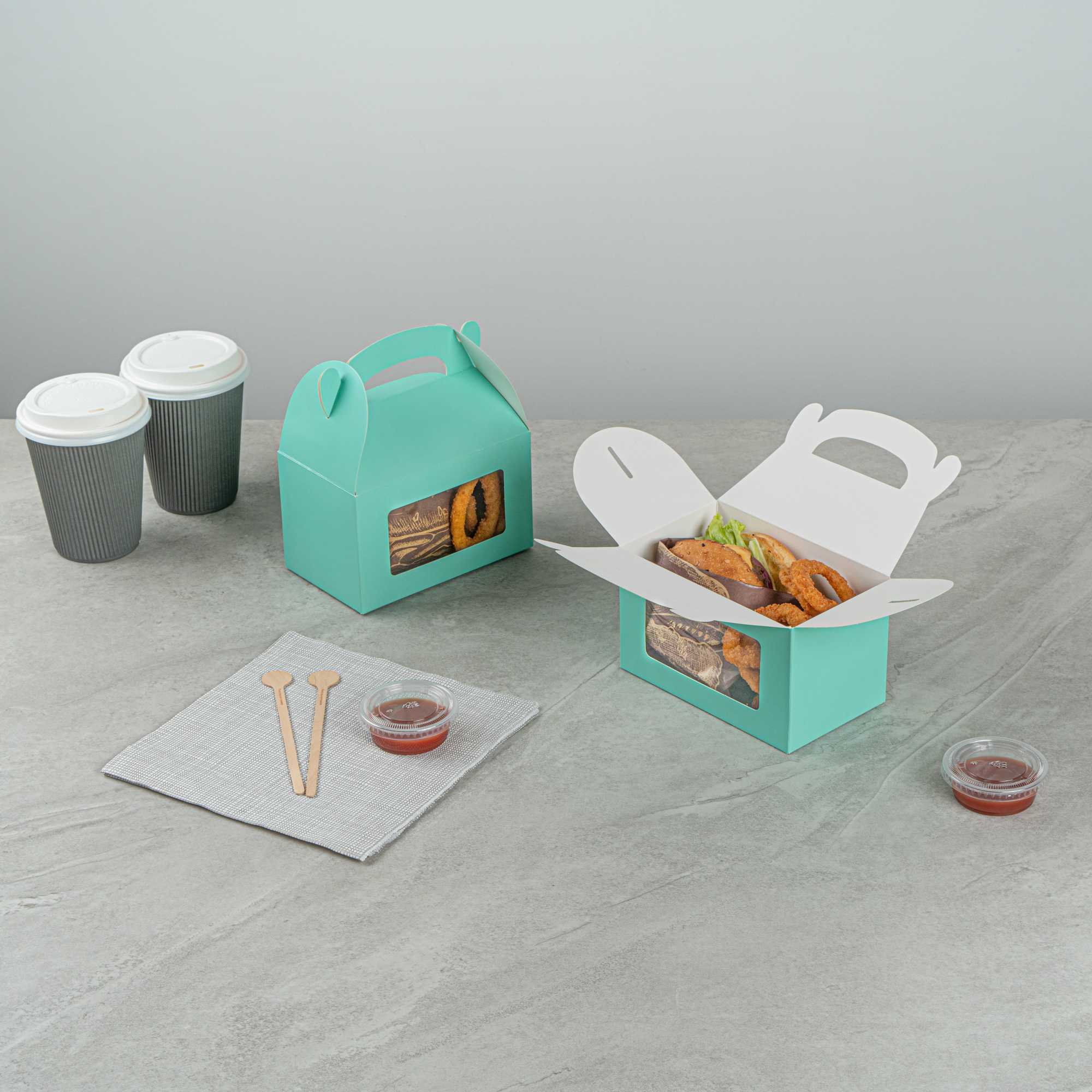 Bio Tek Turquoise Paper Gable Box / Take Out Container - with Window - 6" x 3 1/2" x 3 1/2" - 25 count box