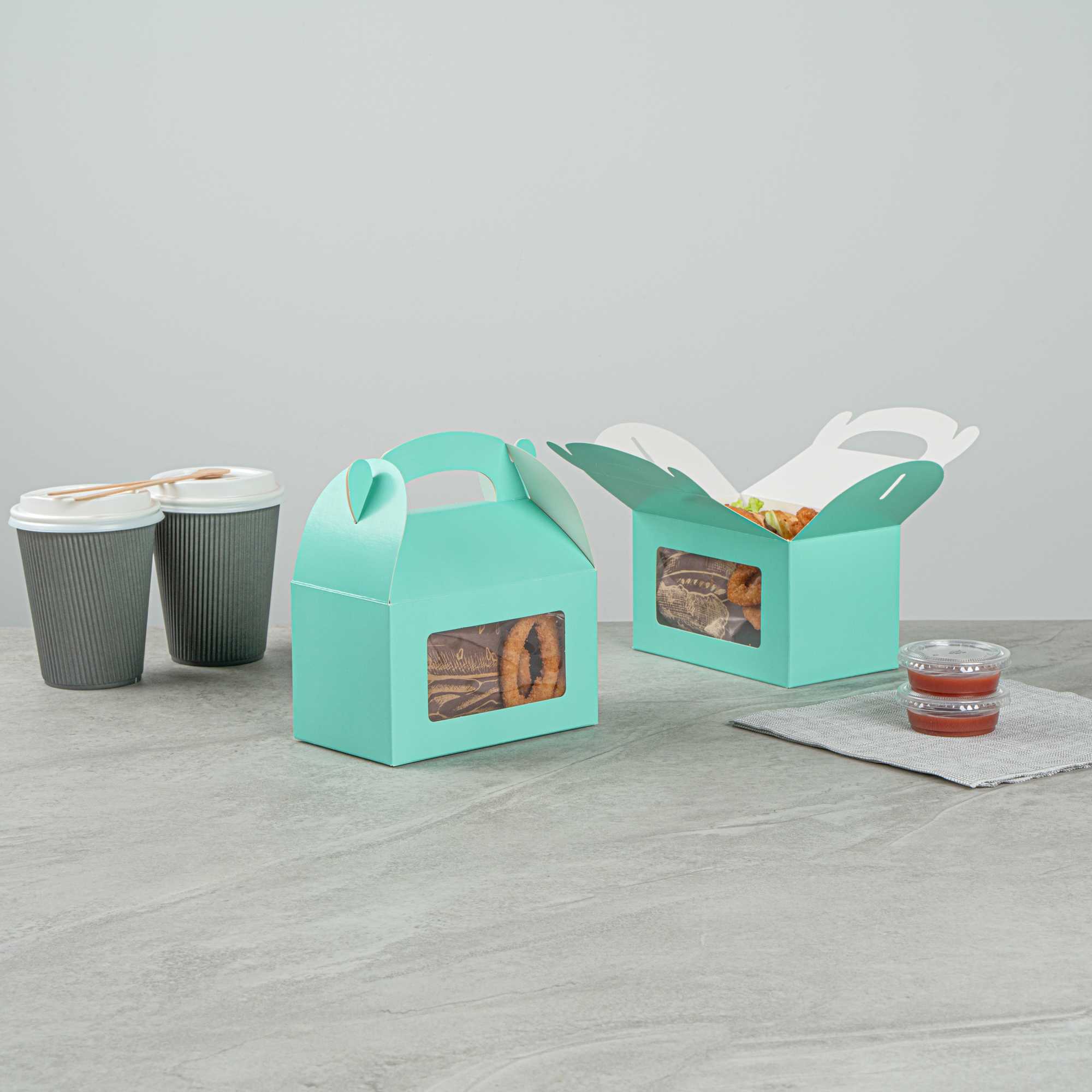 Bio Tek Turquoise Paper Gable Box / Take Out Container - with Window - 6" x 3 1/2" x 3 1/2" - 25 count box