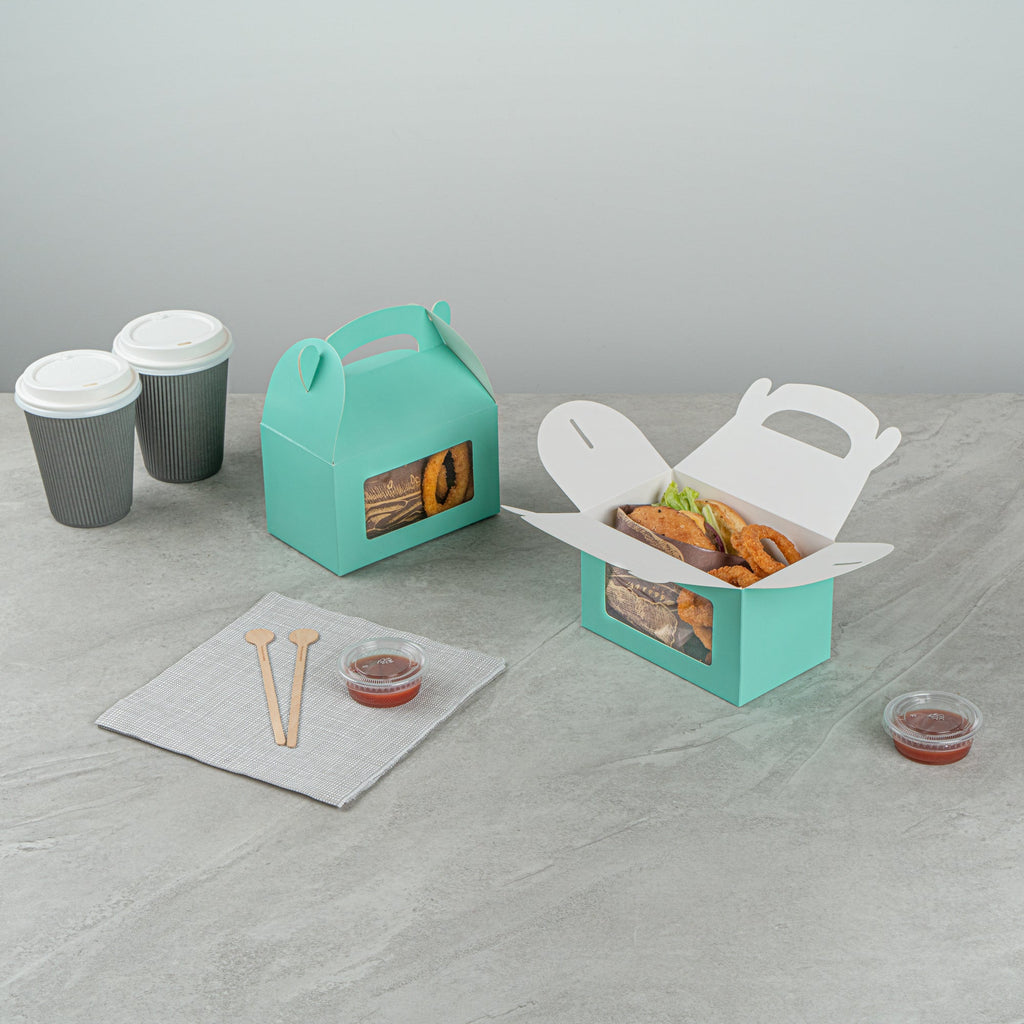 Bio Tek Turquoise Paper Gable Box / Take Out Container - with Window - 6" x 3 1/2" x 3 1/2" - 100 count box