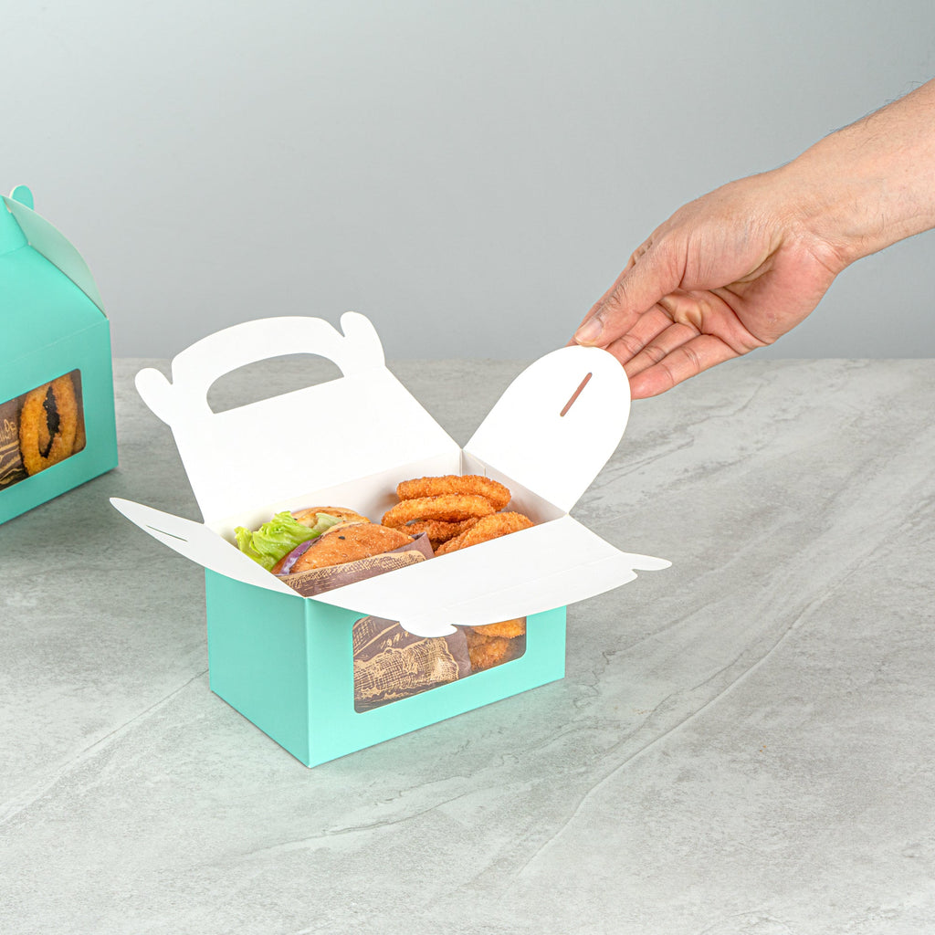 Bio Tek Turquoise Paper Gable Box / Take Out Container - with Window - 6" x 3 1/2" x 3 1/2" - 100 count box