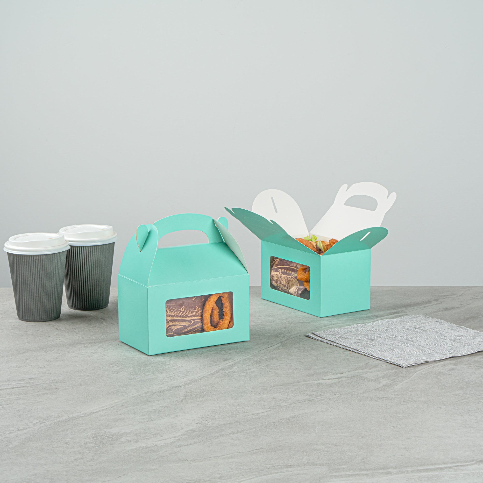 Bio Tek Turquoise Paper Gable Box / Take Out Container - with Window - 6" x 3 1/2" x 3 1/2" - 100 count box