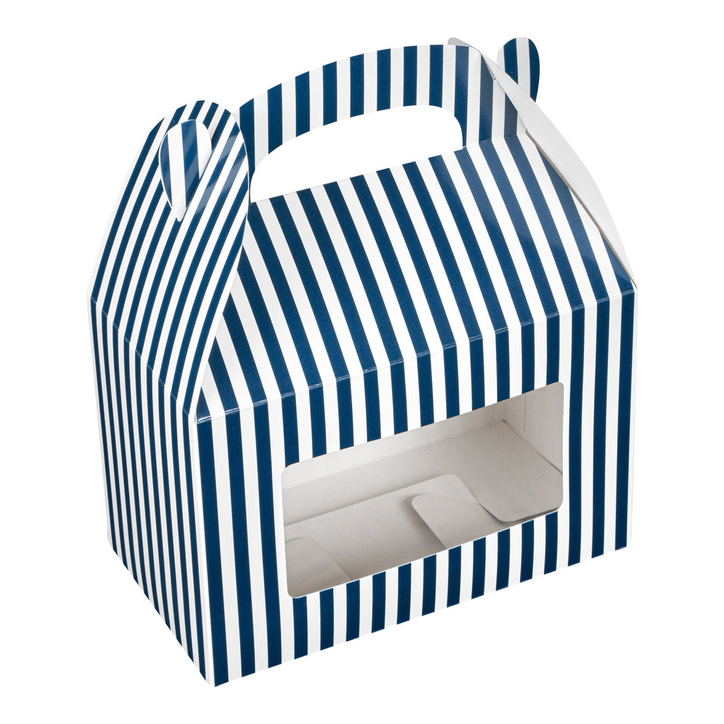 Bio Tek Blue and White Stripe Paper Gable Box / Take Out Container - with Window - 8 1/2" x 4 3/4" x 5 1/2" - 25 count box