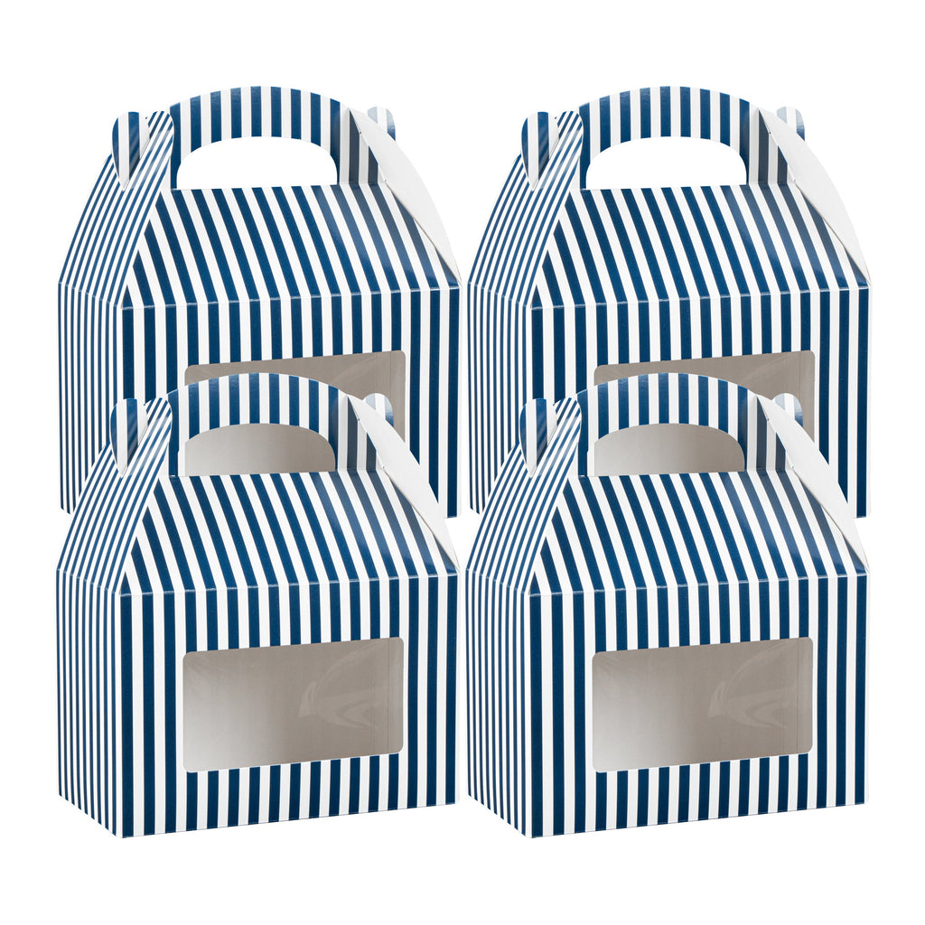 Bio Tek Blue and White Stripe Paper Gable Box / Take Out Container - with Window - 8 1/2" x 4 3/4" x 5 1/2" - 25 count box