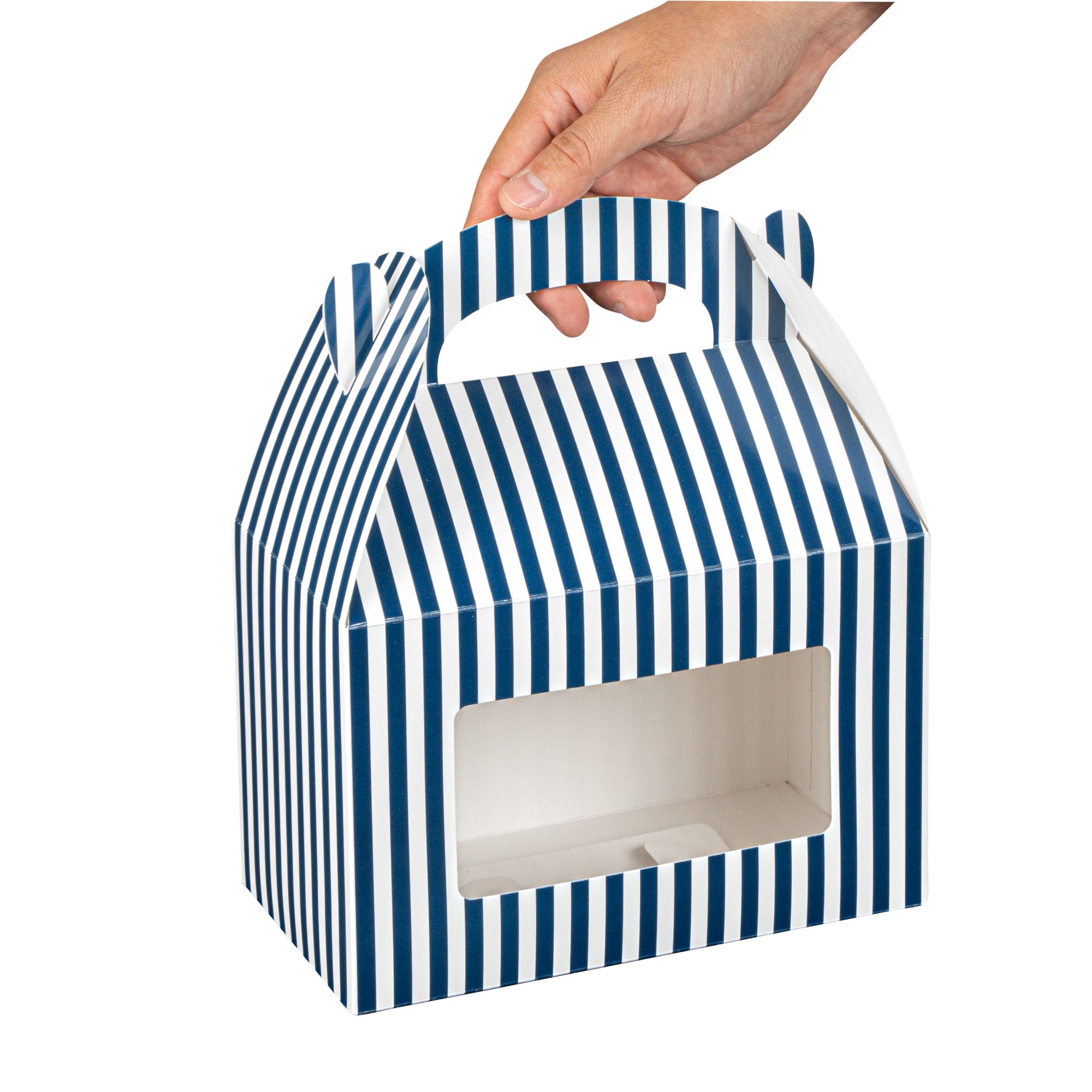 Bio Tek Blue and White Stripe Paper Gable Box / Take Out Container - with Window - 8 1/2" x 4 3/4" x 5 1/2" - 25 count box