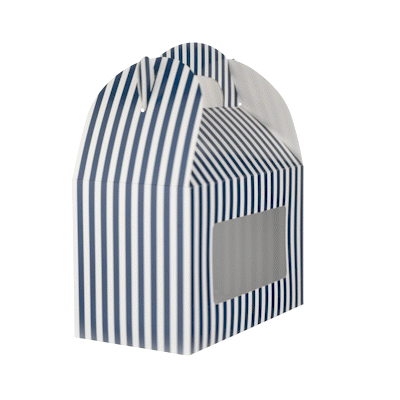 Bio Tek Blue and White Stripe Paper Gable Box / Take Out Container - with Window - 8 1/2" x 4 3/4" x 5 1/2" - 25 count box