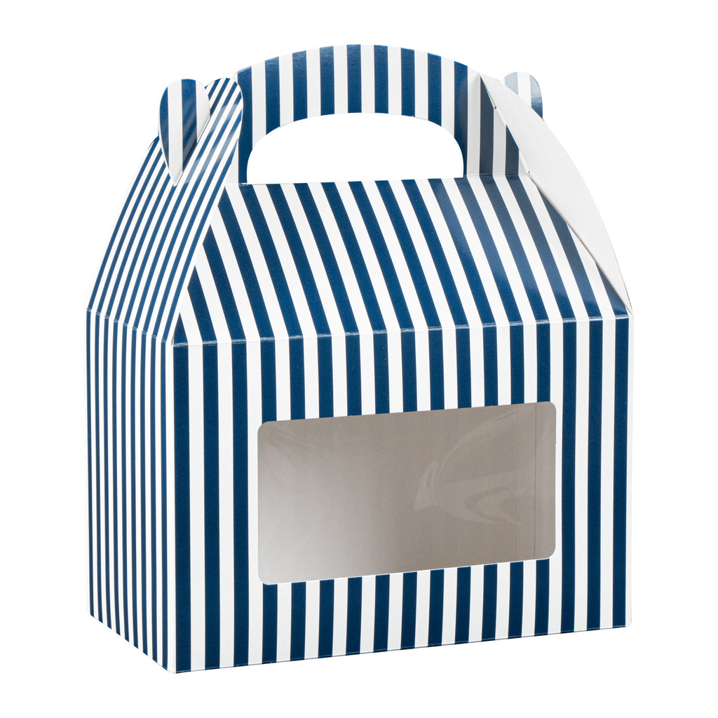 Bio Tek Blue and White Stripe Paper Gable Box / Take Out Container - with Window - 8 1/2" x 4 3/4" x 5 1/2" - 25 count box