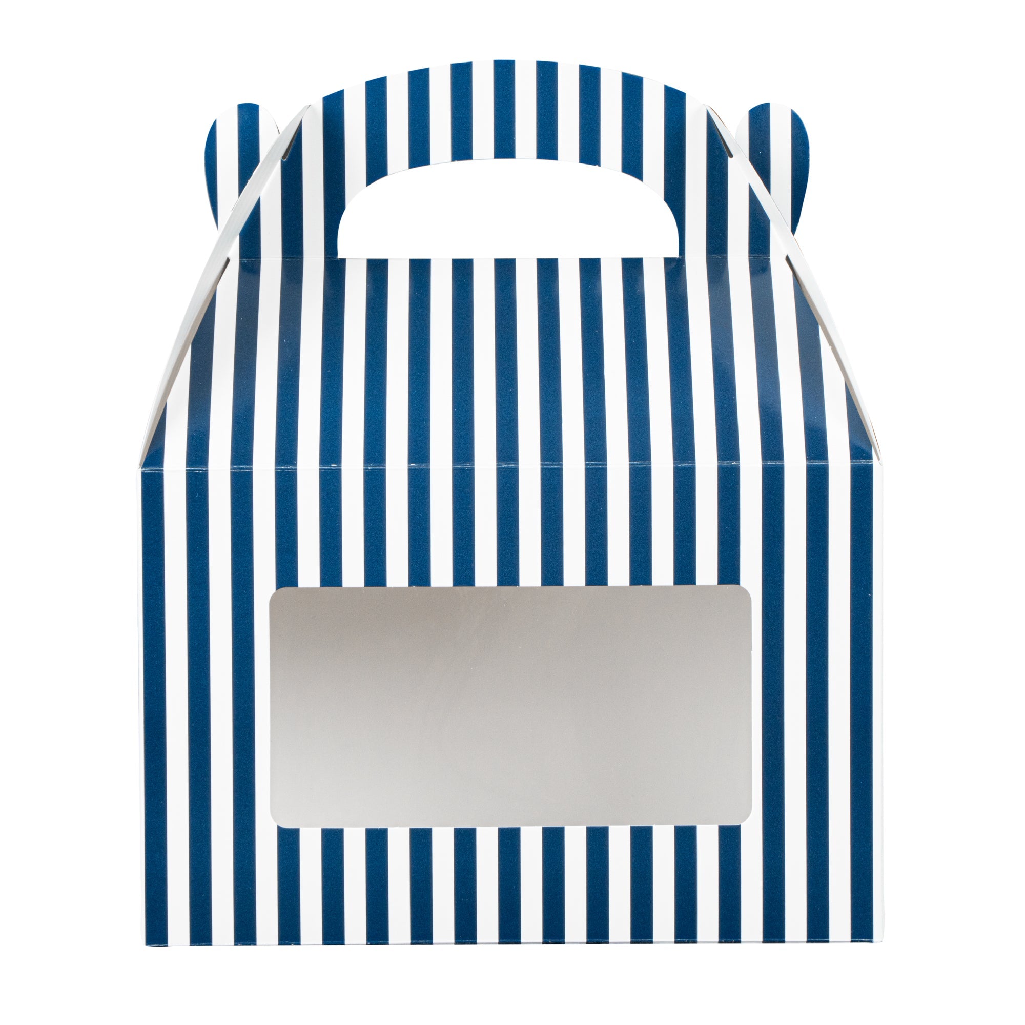 Bio Tek Blue and White Stripe Paper Gable Box / Take Out Container - with Window - 8 1/2" x 4 3/4" x 5 1/2" - 25 count box