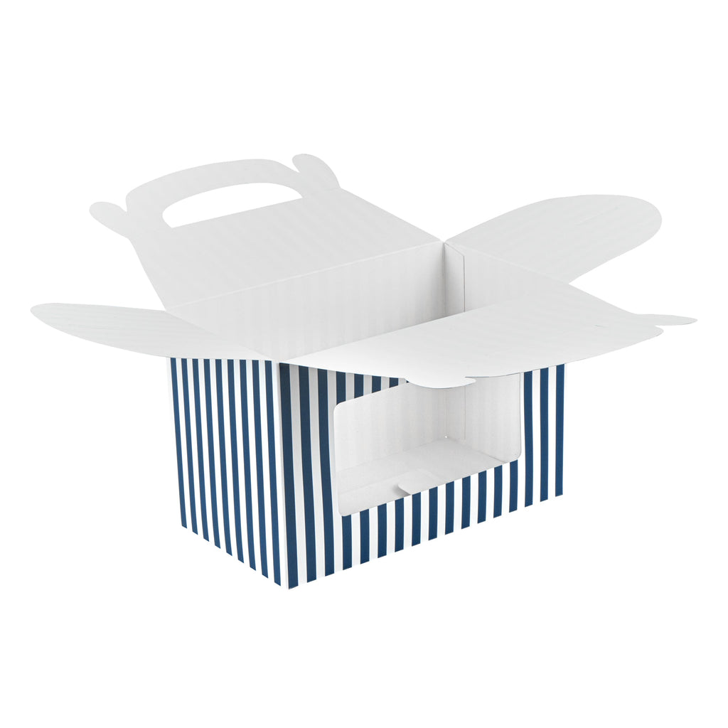 Bio Tek Blue and White Stripe Paper Gable Box / Take Out Container - with Window - 8 1/2" x 4 3/4" x 5 1/2" - 25 count box