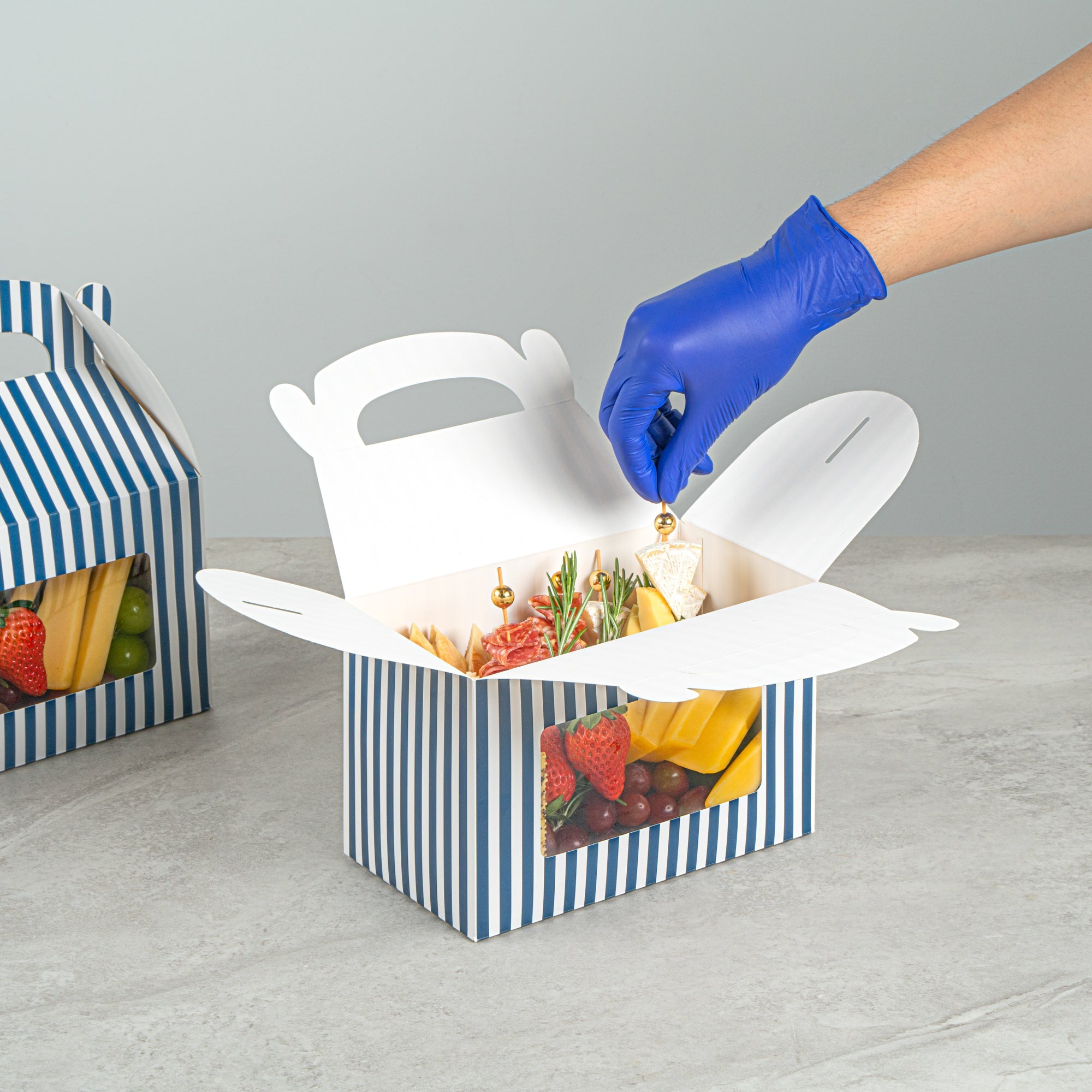 Bio Tek Blue and White Stripe Paper Gable Box / Take Out Container - with Window - 8 1/2" x 4 3/4" x 5 1/2" - 25 count box