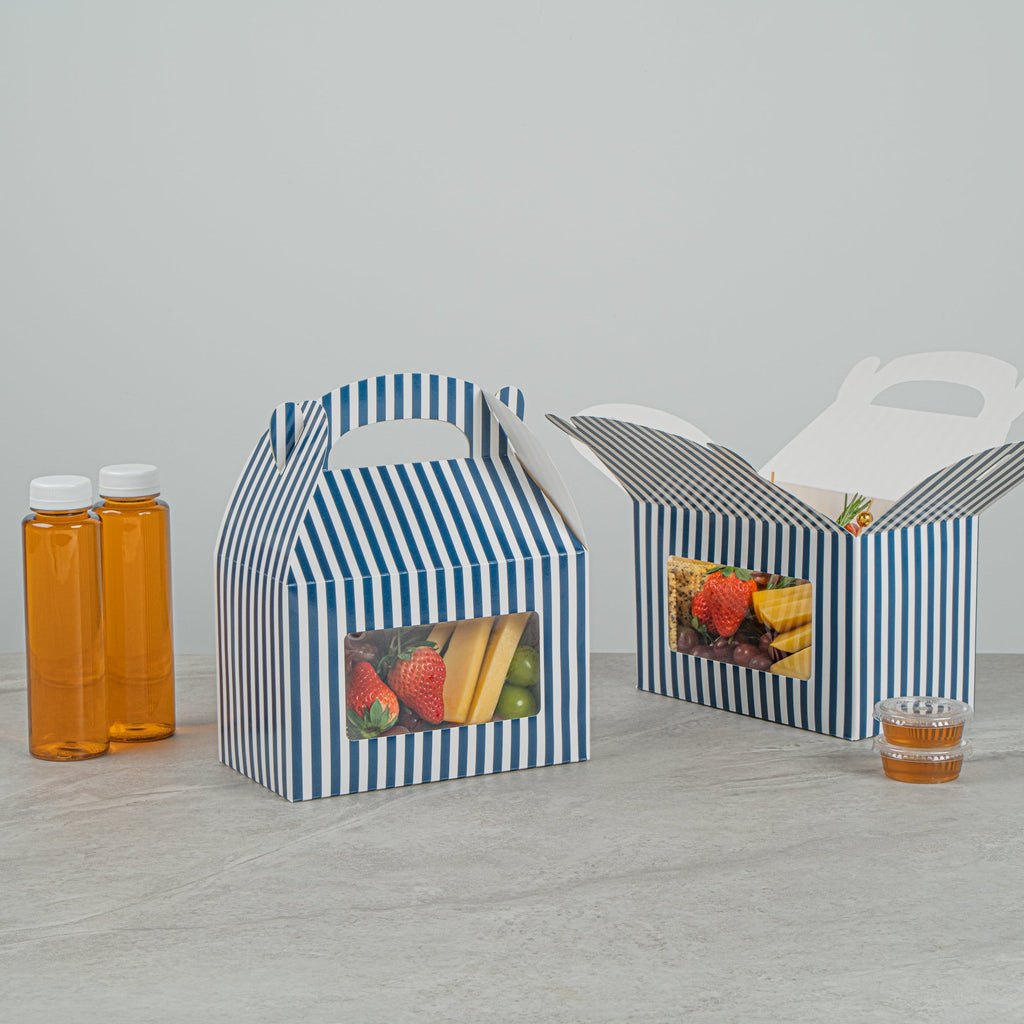 Bio Tek Blue and White Stripe Paper Gable Box / Take Out Container - with Window - 8 1/2" x 4 3/4" x 5 1/2" - 25 count box