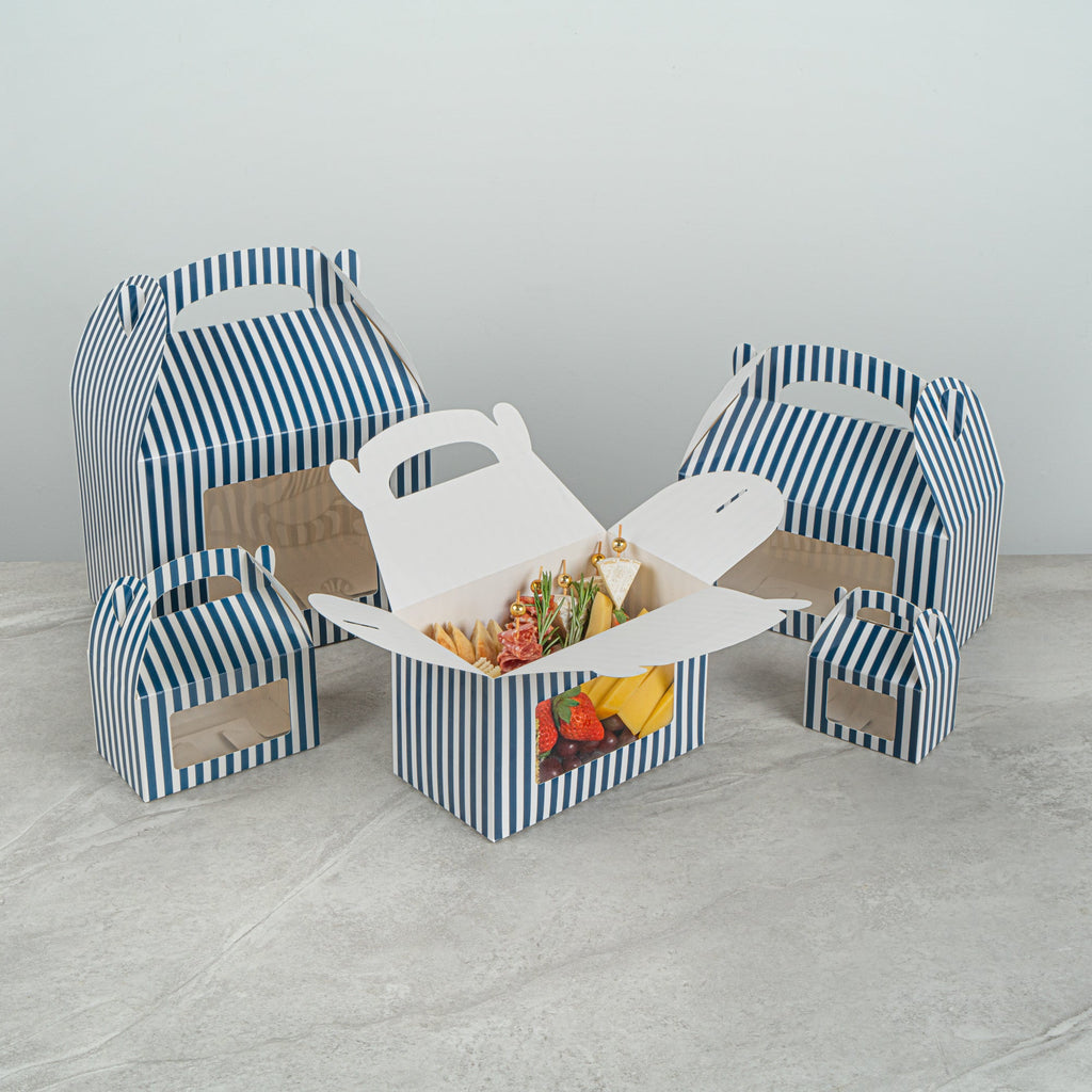 Bio Tek Blue and White Stripe Paper Gable Box / Take Out Container - with Window - 8 1/2" x 4 3/4" x 5 1/2" - 25 count box