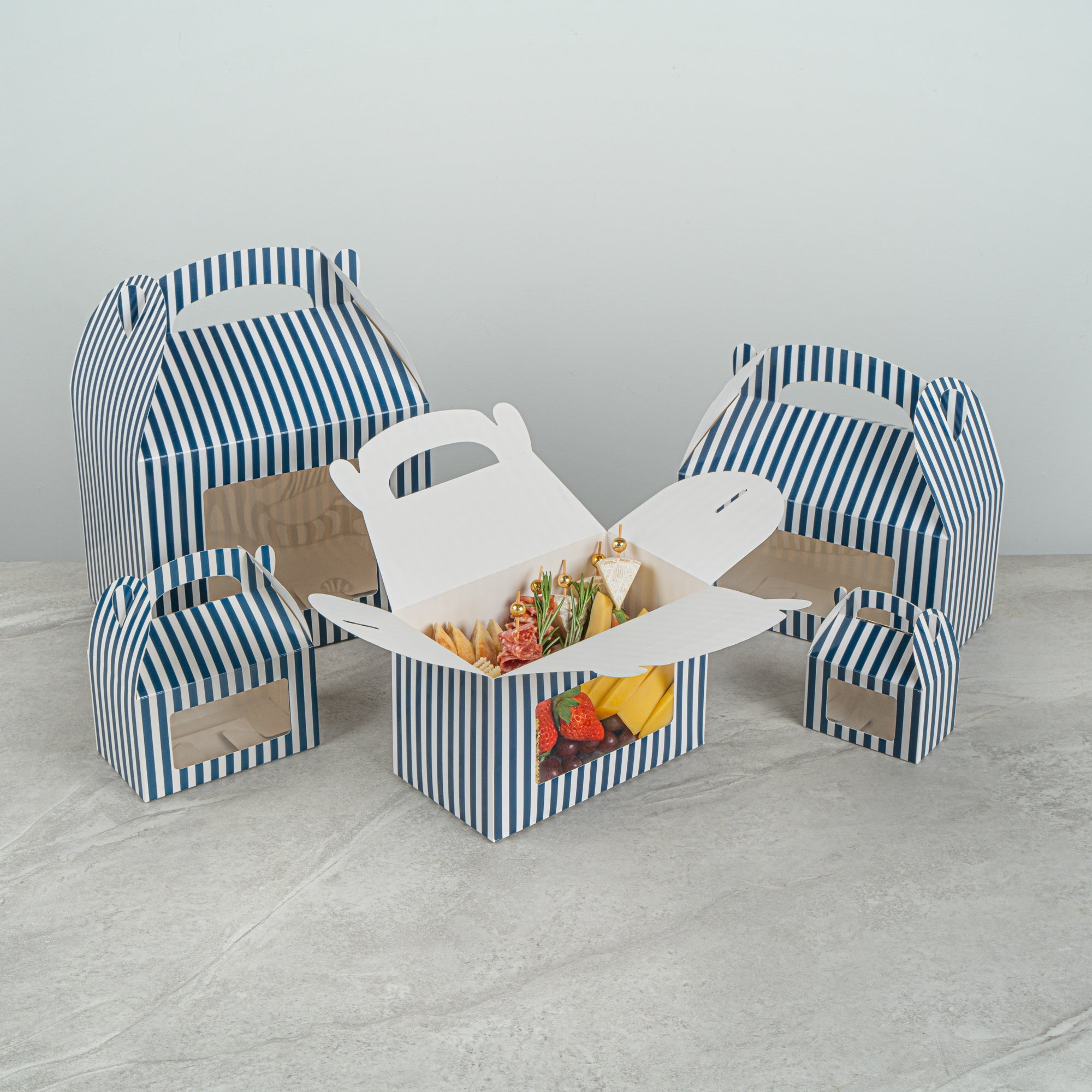 Bio Tek Blue and White Stripe Paper Gable Box / Take Out Container - with Window - 8 1/2" x 4 3/4" x 5 1/2" - 25 count box