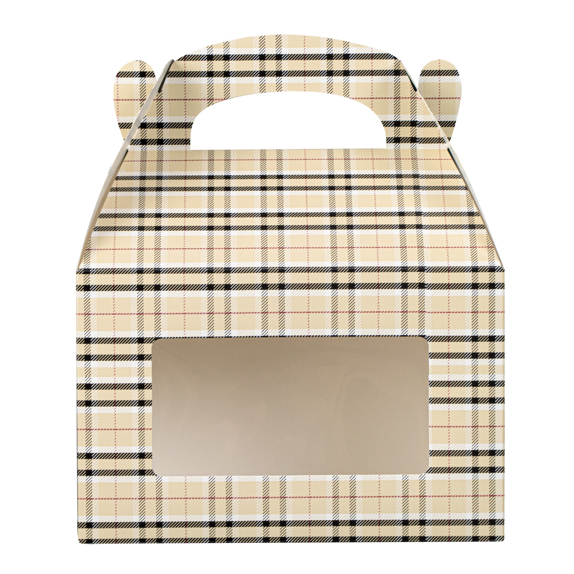 Bio Tek Plaid Paper Gable Box / Take Out Container - with Window - 8 1/2" x 4 3/4" x 5 1/2" - 25 count box