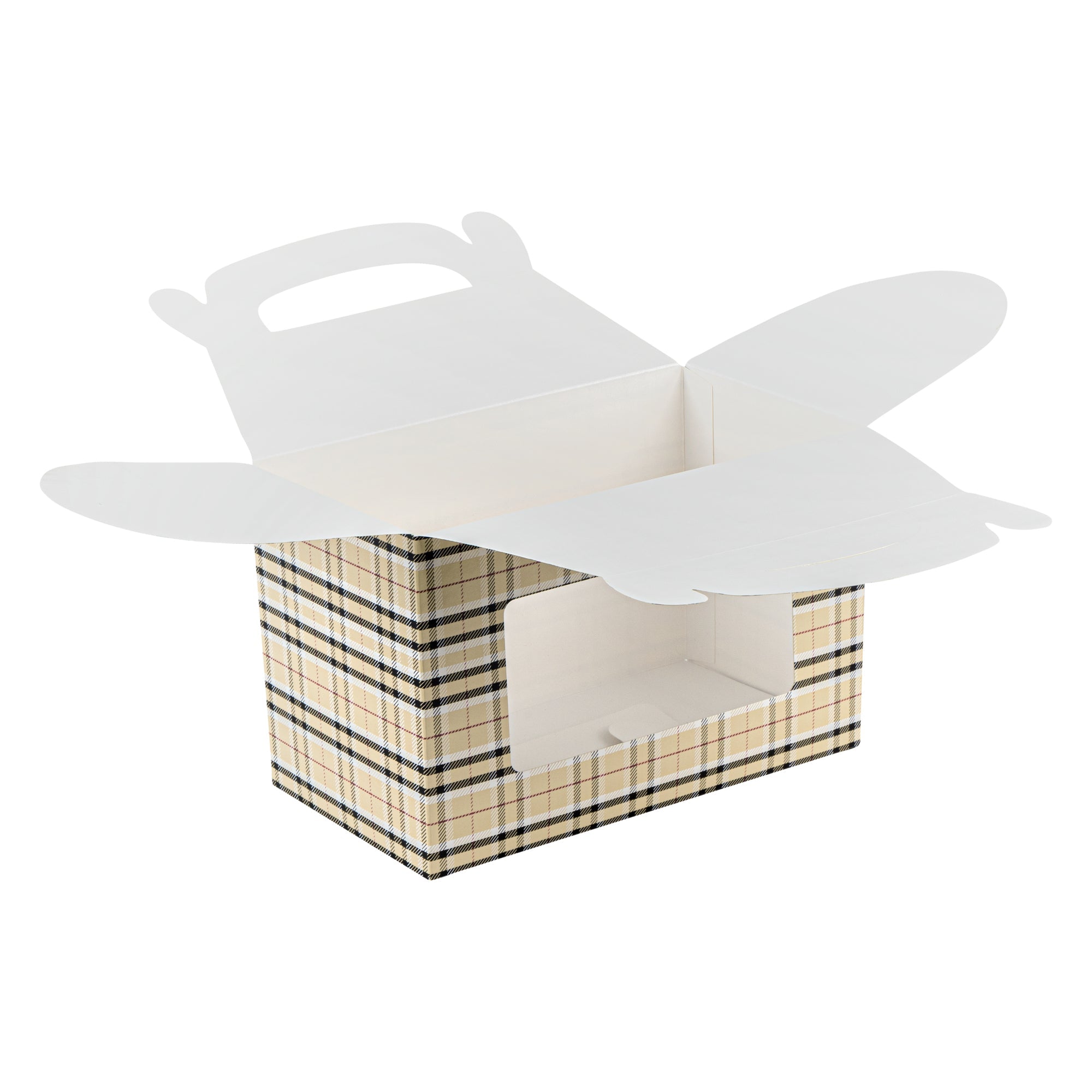 Bio Tek Plaid Paper Gable Box / Take Out Container - with Window - 8 1/2" x 4 3/4" x 5 1/2" - 25 count box