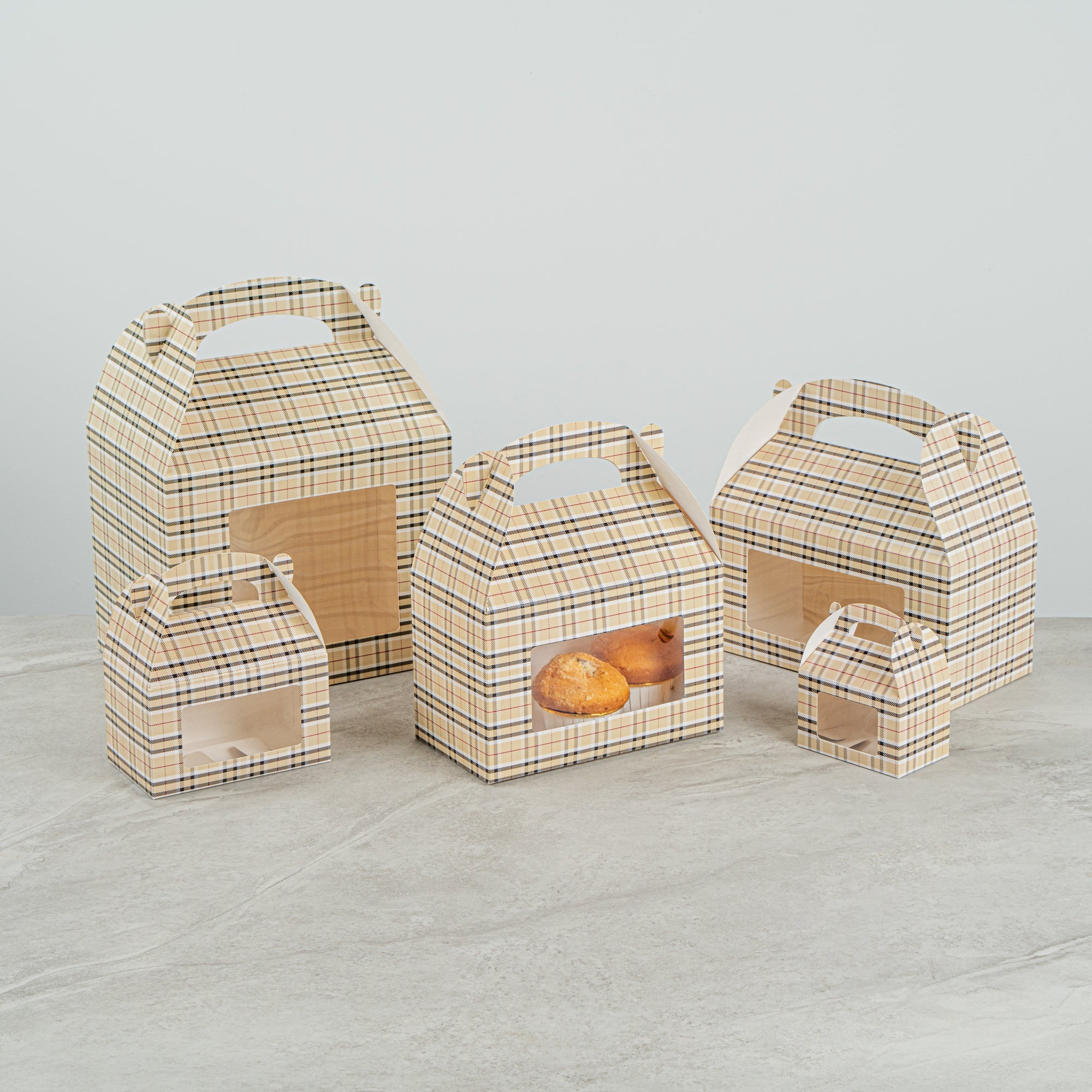 Bio Tek Plaid Paper Gable Box / Take Out Container - with Window - 8 1/2" x 4 3/4" x 5 1/2" - 25 count box