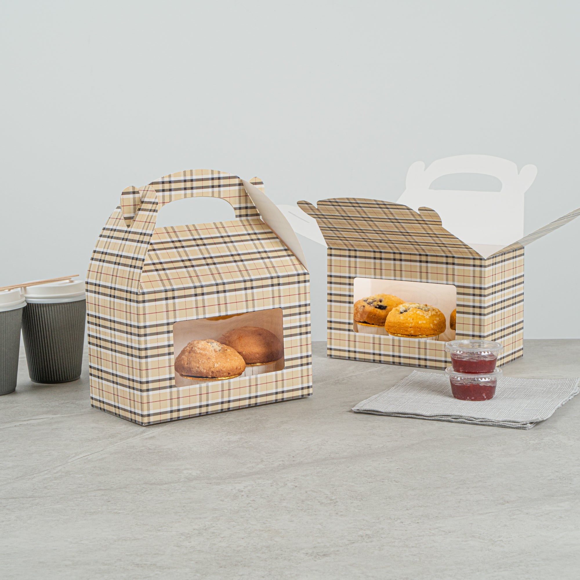 Bio Tek Plaid Paper Gable Box / Take Out Container - with Window - 8 1/2" x 4 3/4" x 5 1/2" - 100 count box