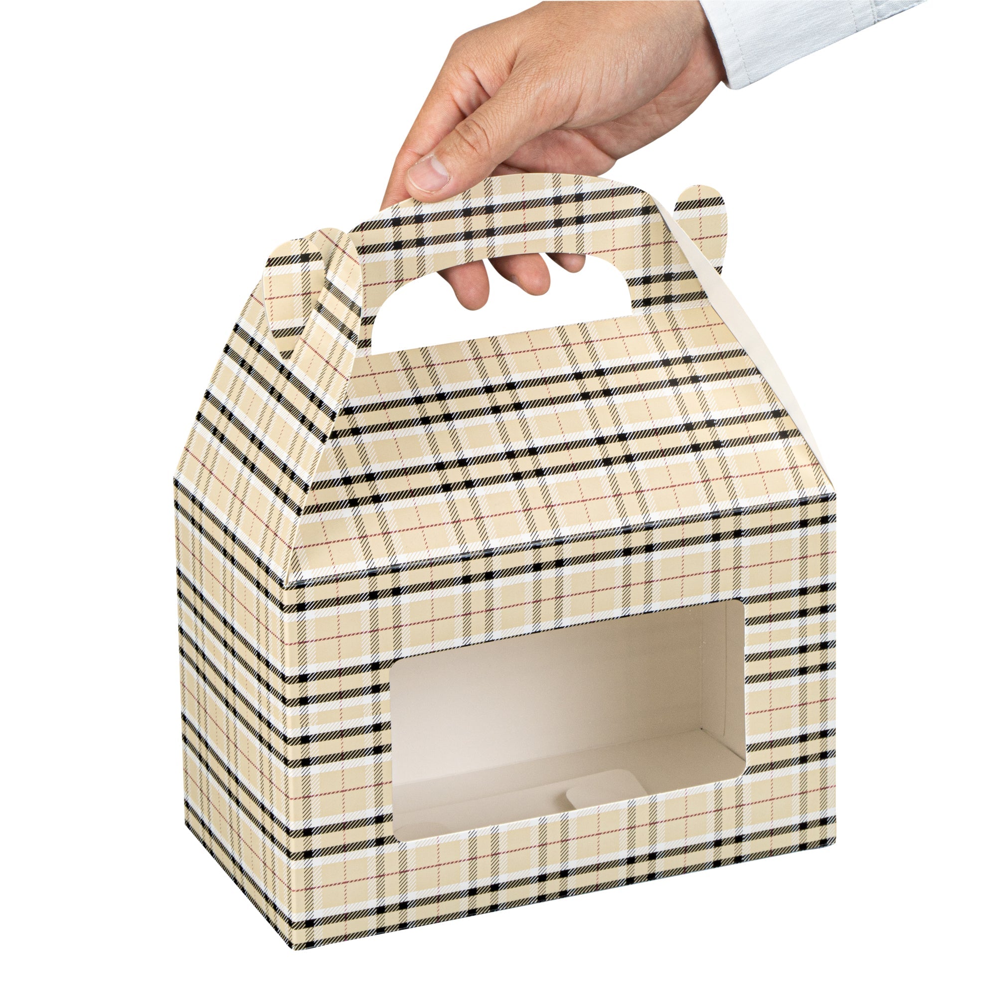 Bio Tek Plaid Paper Gable Box / Take Out Container - with Window - 8 1/2" x 4 3/4" x 5 1/2" - 100 count box