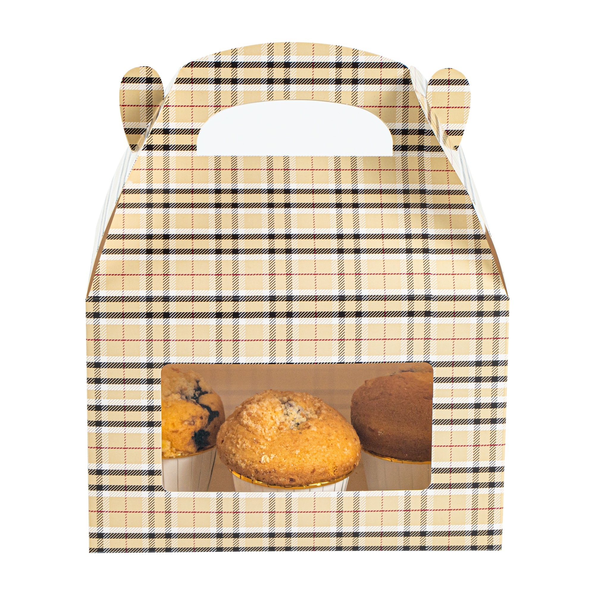 Bio Tek Plaid Paper Gable Box / Take Out Container - with Window - 8 1/2" x 4 3/4" x 5 1/2" - 100 count box