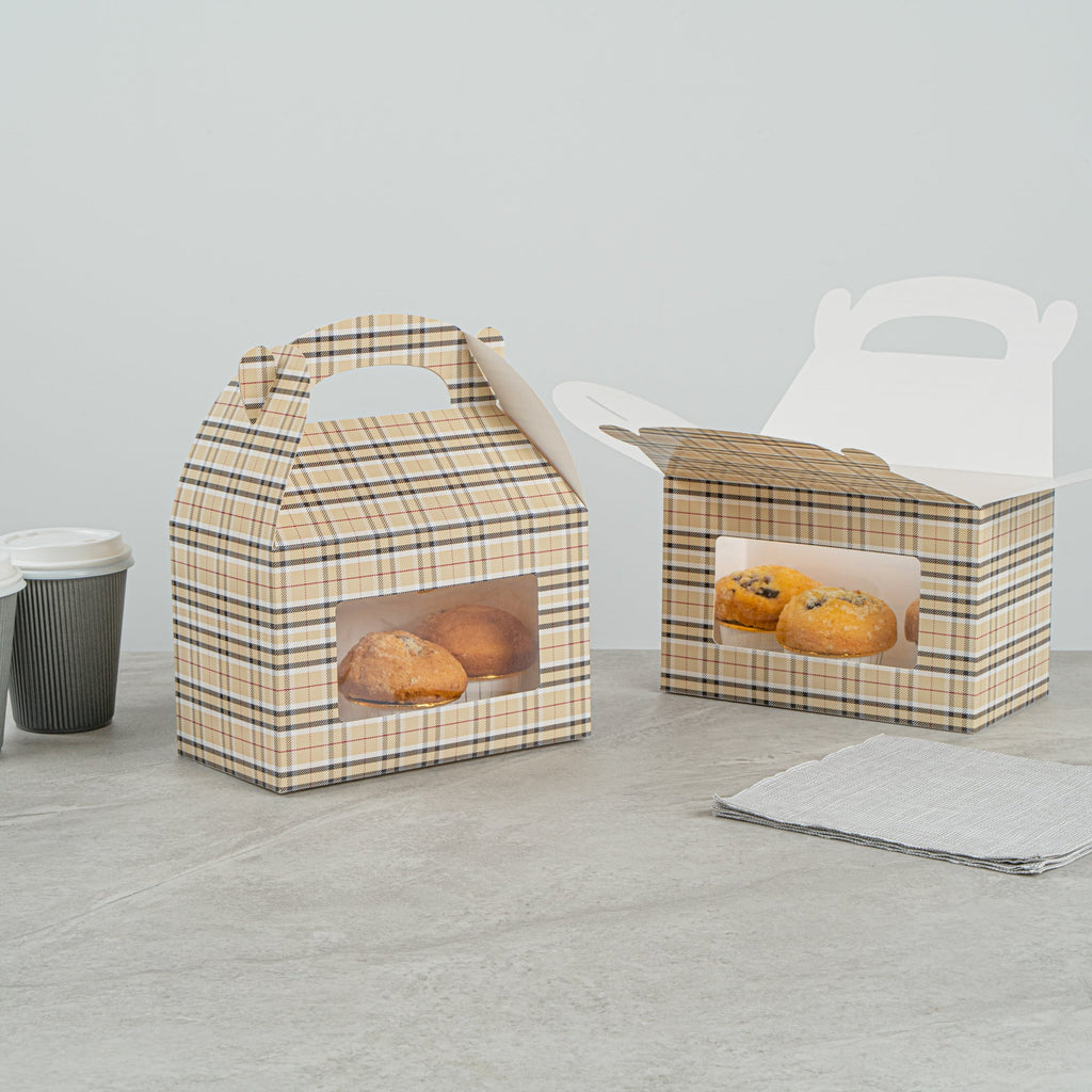 Bio Tek Plaid Paper Gable Box / Take Out Container - with Window - 8 1/2" x 4 3/4" x 5 1/2" - 100 count box