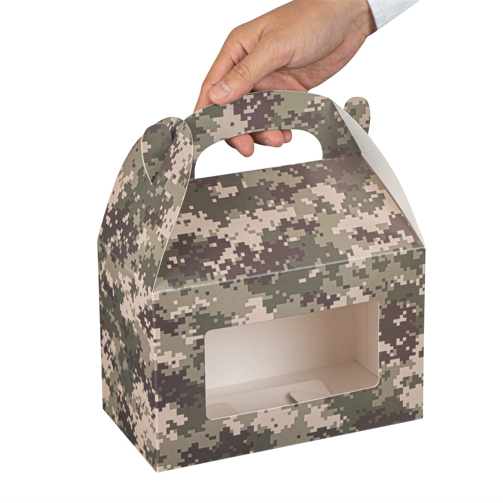 Bio Tek Camouflage Paper Gable Box / Take Out Container - with Window - 8 1/2" x 4 3/4" x 5 1/2" - 25 count box