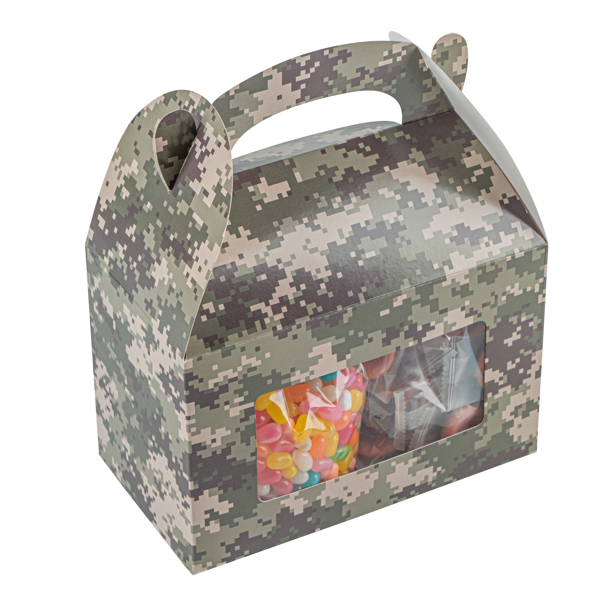 Bio Tek Camouflage Paper Gable Box / Take Out Container - with Window - 8 1/2" x 4 3/4" x 5 1/2" - 25 count box