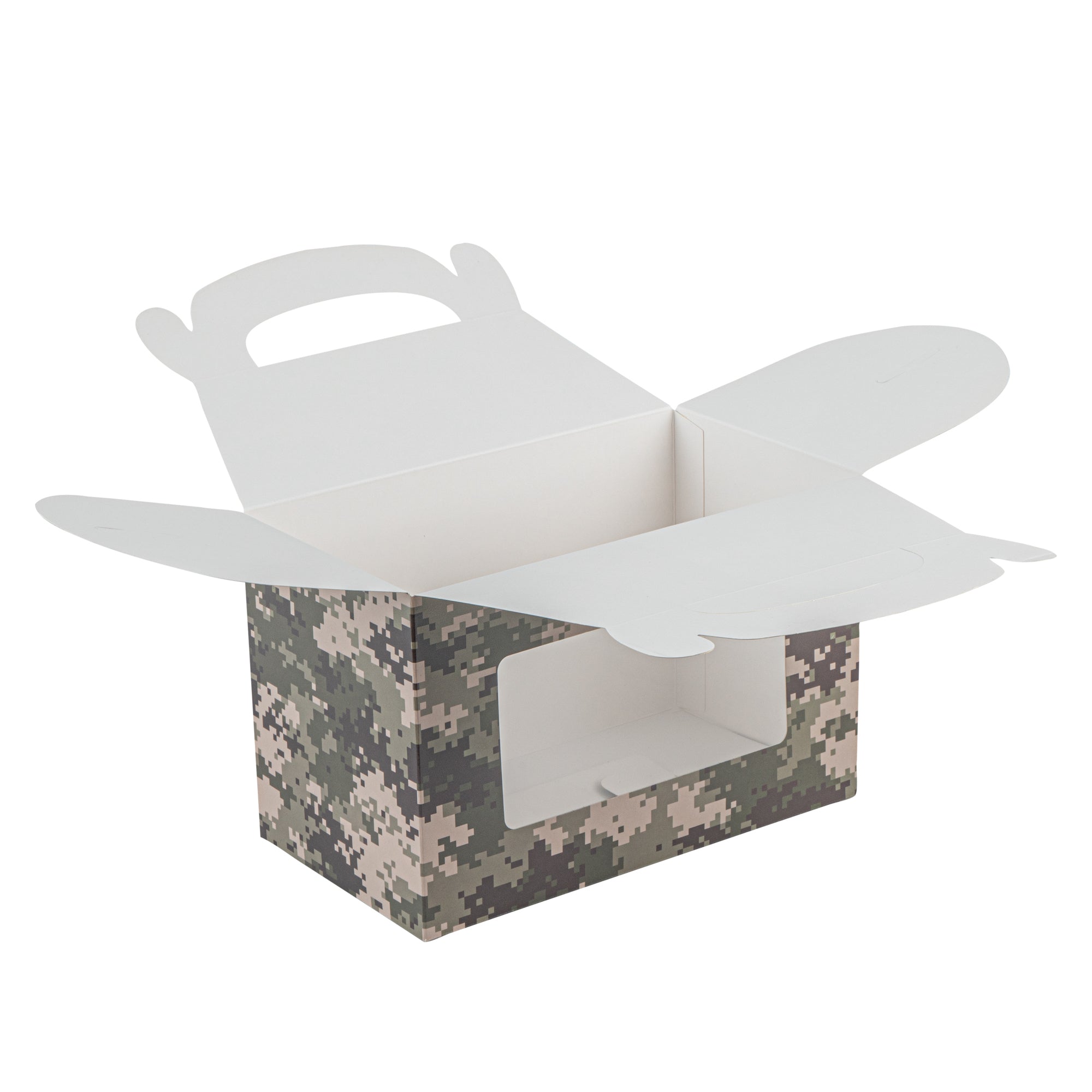 Bio Tek Camouflage Paper Gable Box / Take Out Container - with Window - 8 1/2" x 4 3/4" x 5 1/2" - 25 count box
