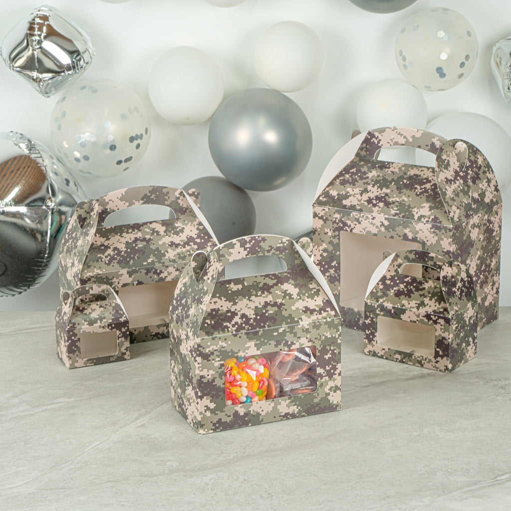 Bio Tek Camouflage Paper Gable Box / Take Out Container - with Window - 8 1/2" x 4 3/4" x 5 1/2" - 25 count box