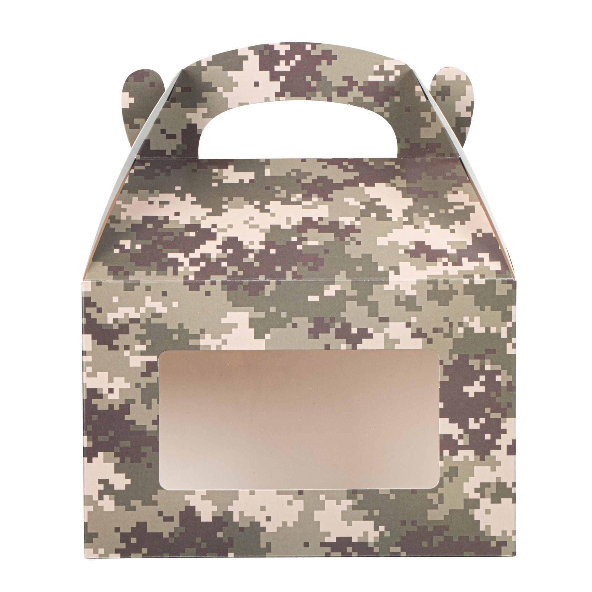 Bio Tek Camouflage Paper Gable Box / Take Out Container - with Window - 8 1/2" x 4 3/4" x 5 1/2" - 100 count box