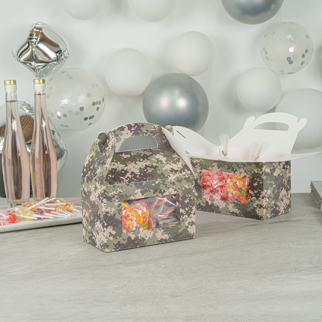 Bio Tek Camouflage Paper Gable Box / Take Out Container - with Window - 8 1/2" x 4 3/4" x 5 1/2" - 100 count box