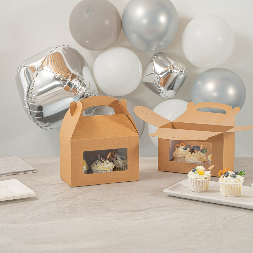 Bio Tek Kraft Paper Gable Box / Take Out Container - Greaseproof, with Window - 8 1/2" x 4 3/4" x 5 1/2" - 25 count box