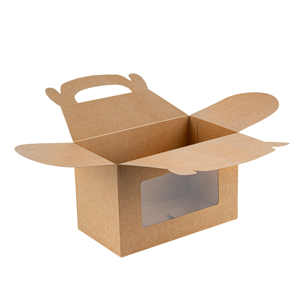 Bio Tek Kraft Paper Gable Box / Take Out Container - Greaseproof, with Window - 8 1/2" x 4 3/4" x 5 1/2" - 25 count box