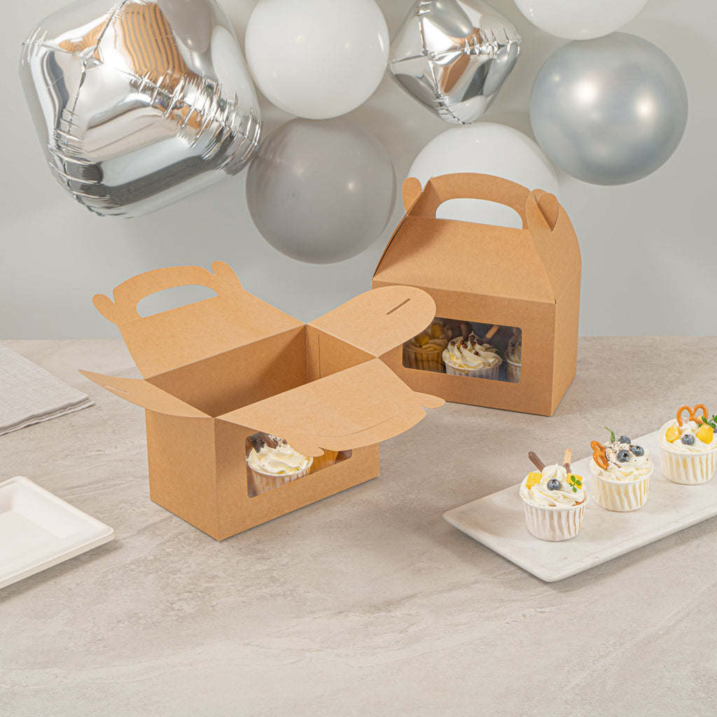 Bio Tek Kraft Paper Gable Box / Take Out Container - Greaseproof, with Window - 8 1/2" x 4 3/4" x 5 1/2" - 25 count box