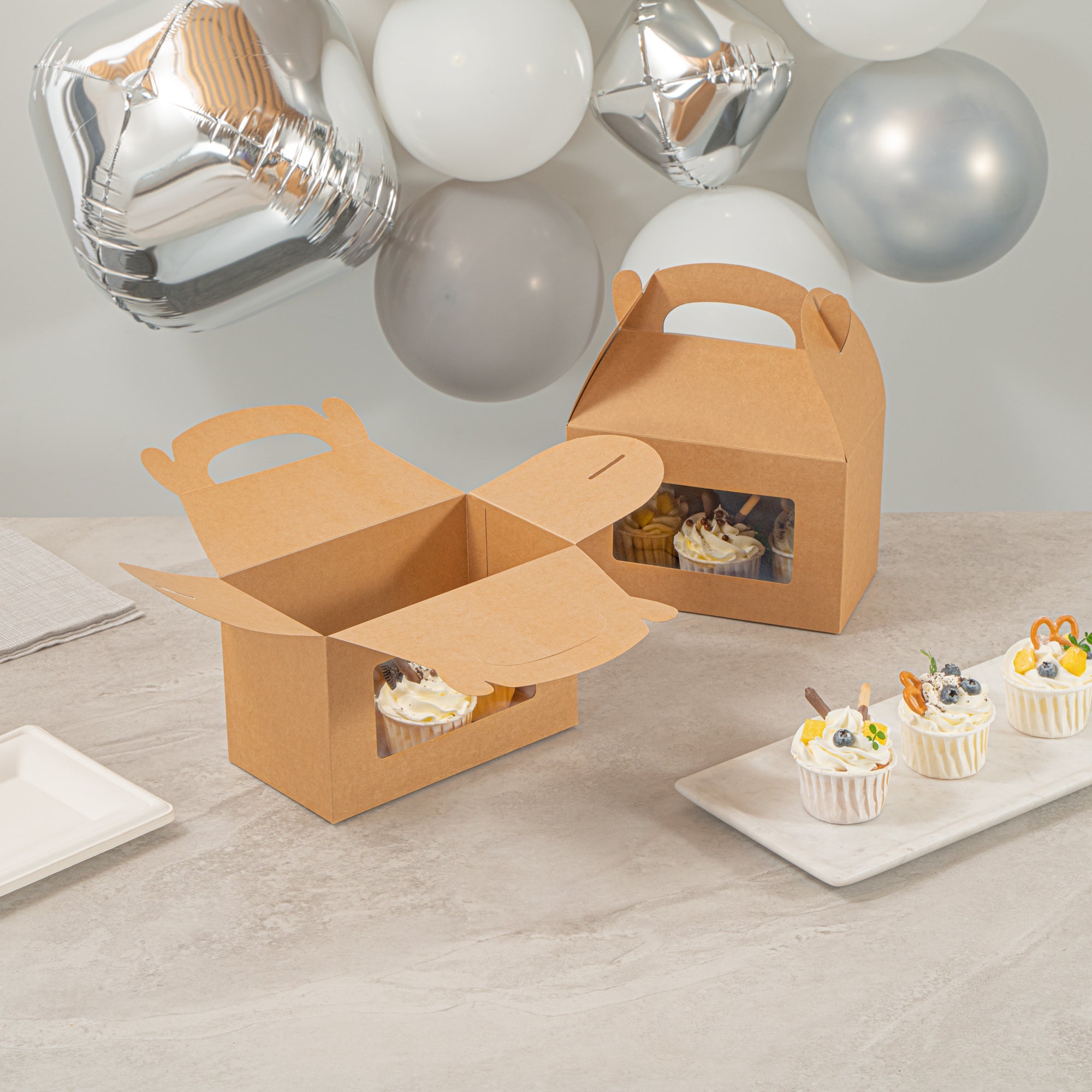 Bio Tek Kraft Paper Gable Box / Take Out Container - Greaseproof, with Window - 8 1/2" x 4 3/4" x 5 1/2" - 25 count box